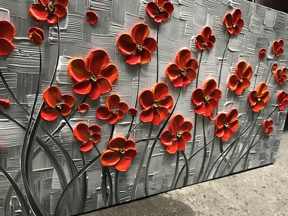 Scarlet Petals – Vibrant Red Flower Relief Floral Painting | Vibrant Botanical Living Room & Dining Room Art