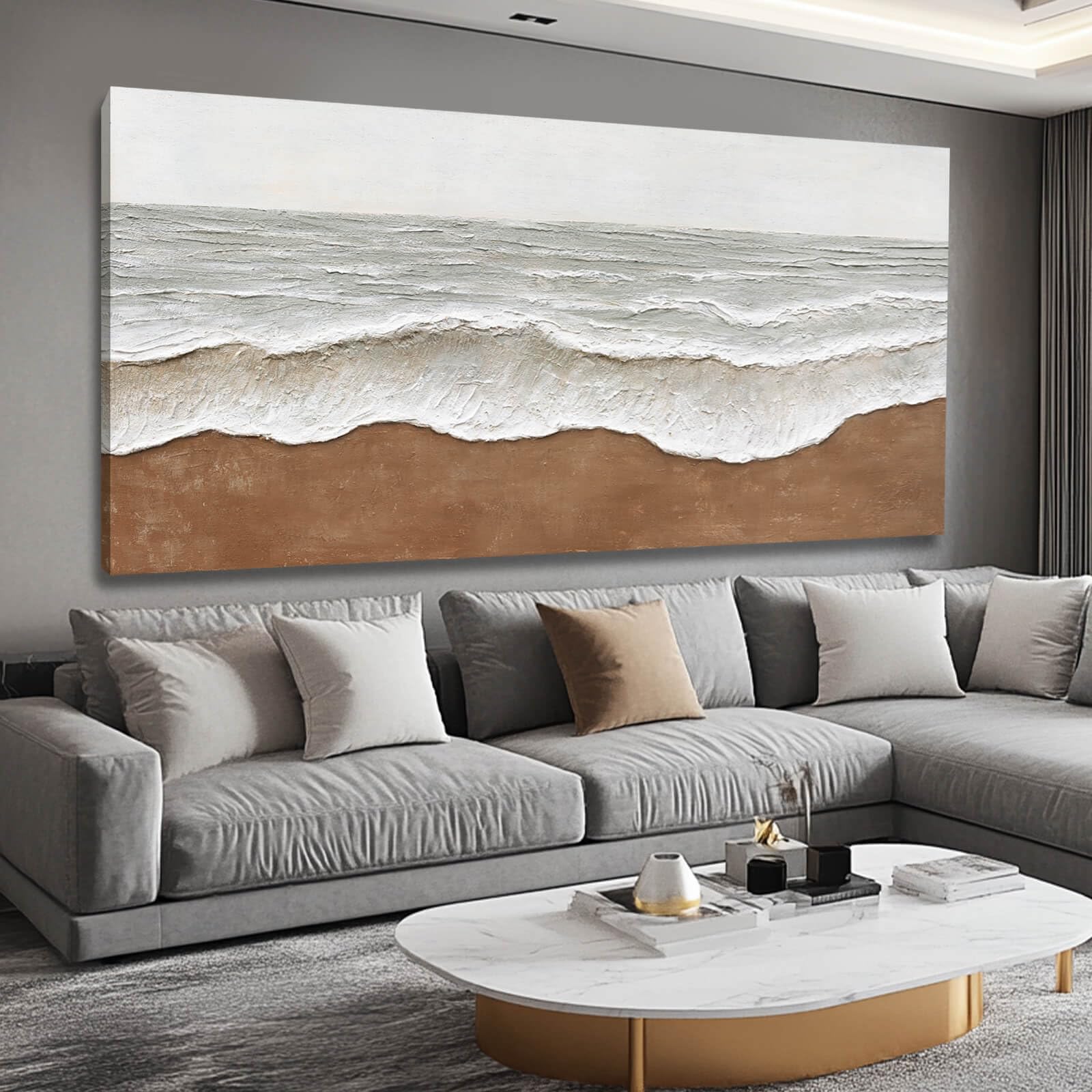 Sandy Reach – Wabi-Sabi Sand and Wave Relief Texture Painting | Contemporary Landscape Living Room & Dining Room Art