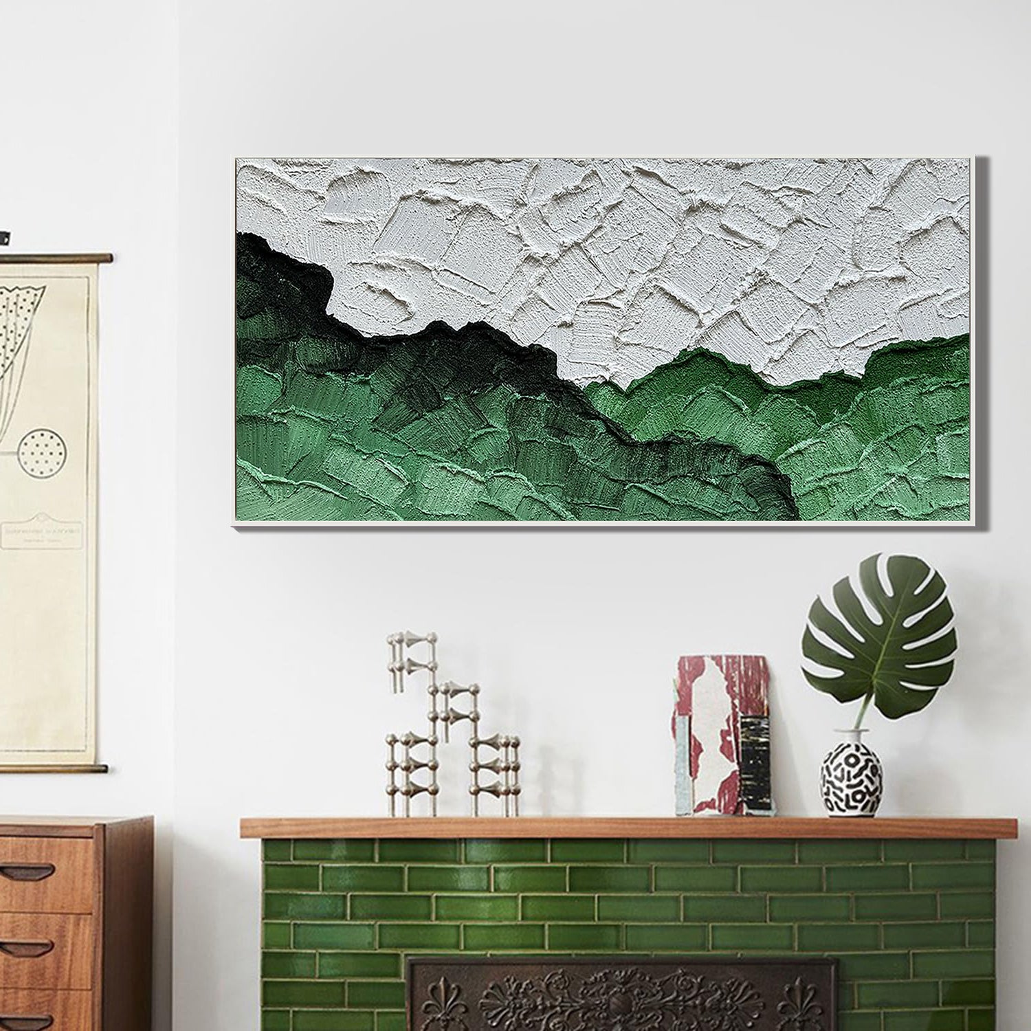 Emerald Ridge – Green & White Relief Abstract Texture Painting | Modern Abstract Living Room & Office Art