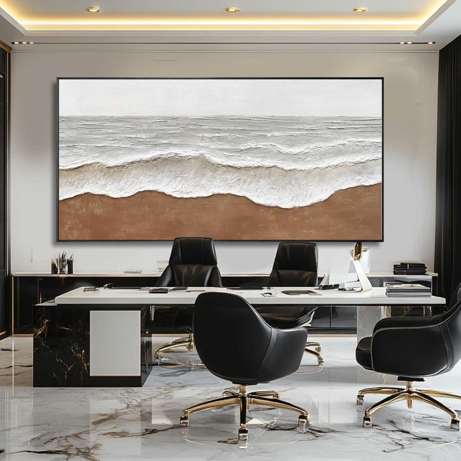 Sandy Reach – Wabi-Sabi Sand and Wave Relief Texture Painting | Contemporary Landscape Living Room & Dining Room Art
