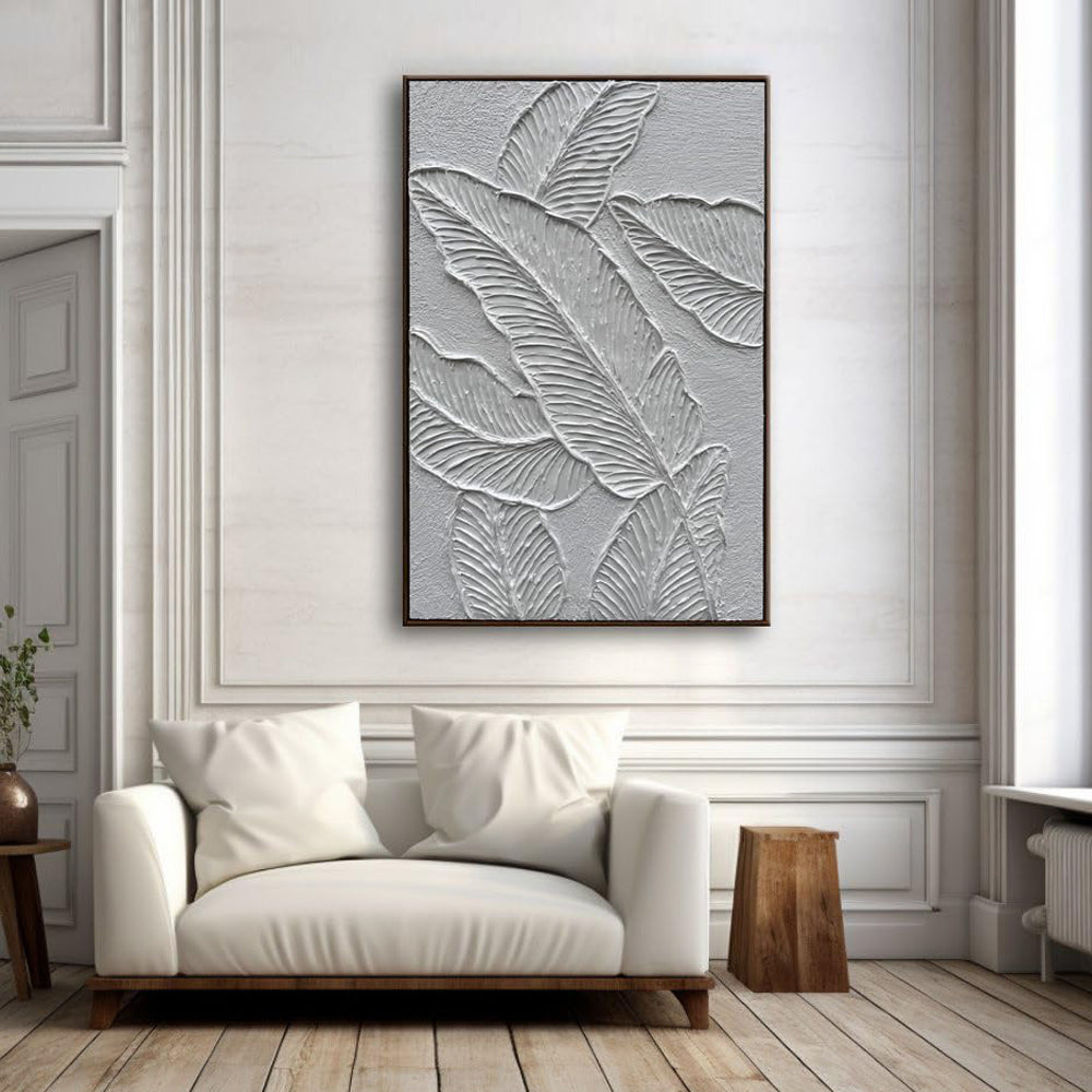 Silver Frond – Modern Botanical Leaf Relief Texture Painting | Contemporary Botanical Bedroom & Living Room Art