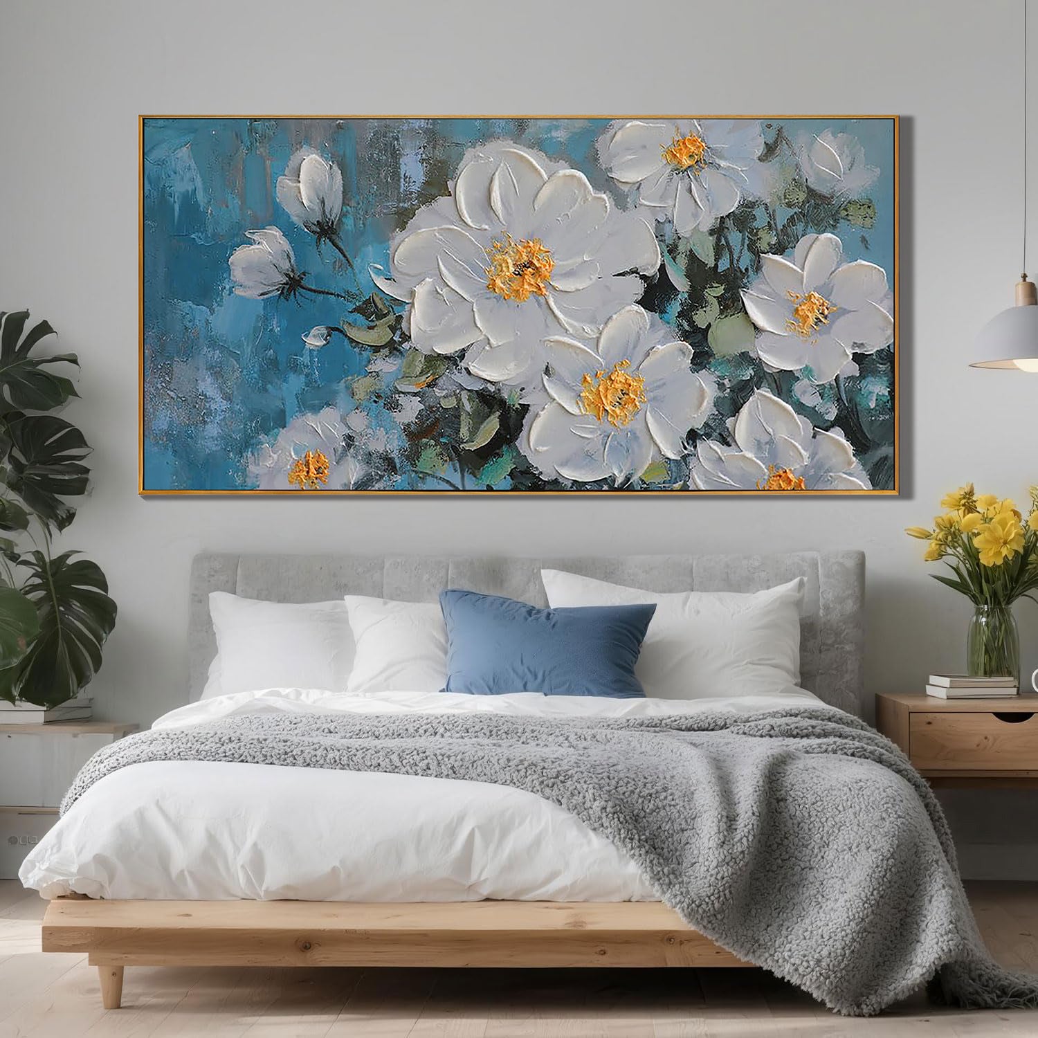 DEEP TEAL BLOOM: 3D Heavy Texture White Flower Wall Art, Luxury Blue Background Relief