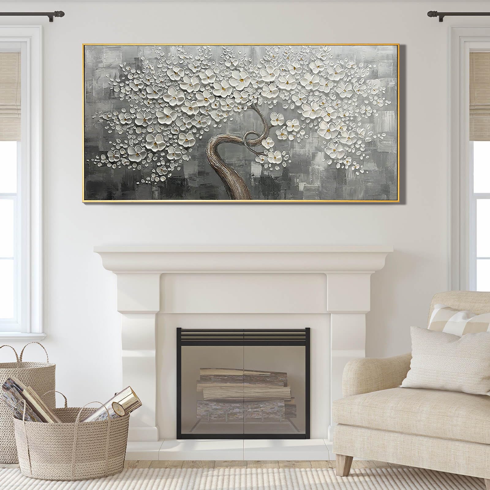 Silver Blossom – Hand-Painted White Tree 3D Relief Heavy Texture Plaster Floral Painting | Contemporary Botanical Bedroom & Living Room Art