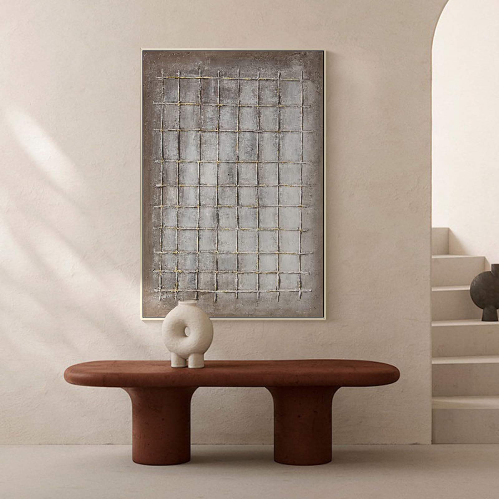 Ancient Grid – Modern Neutral Plaster Relief Grid Wabi-Sabi Painting | Japandi Organic Wabi-Sabi Living Room & Hallway Art