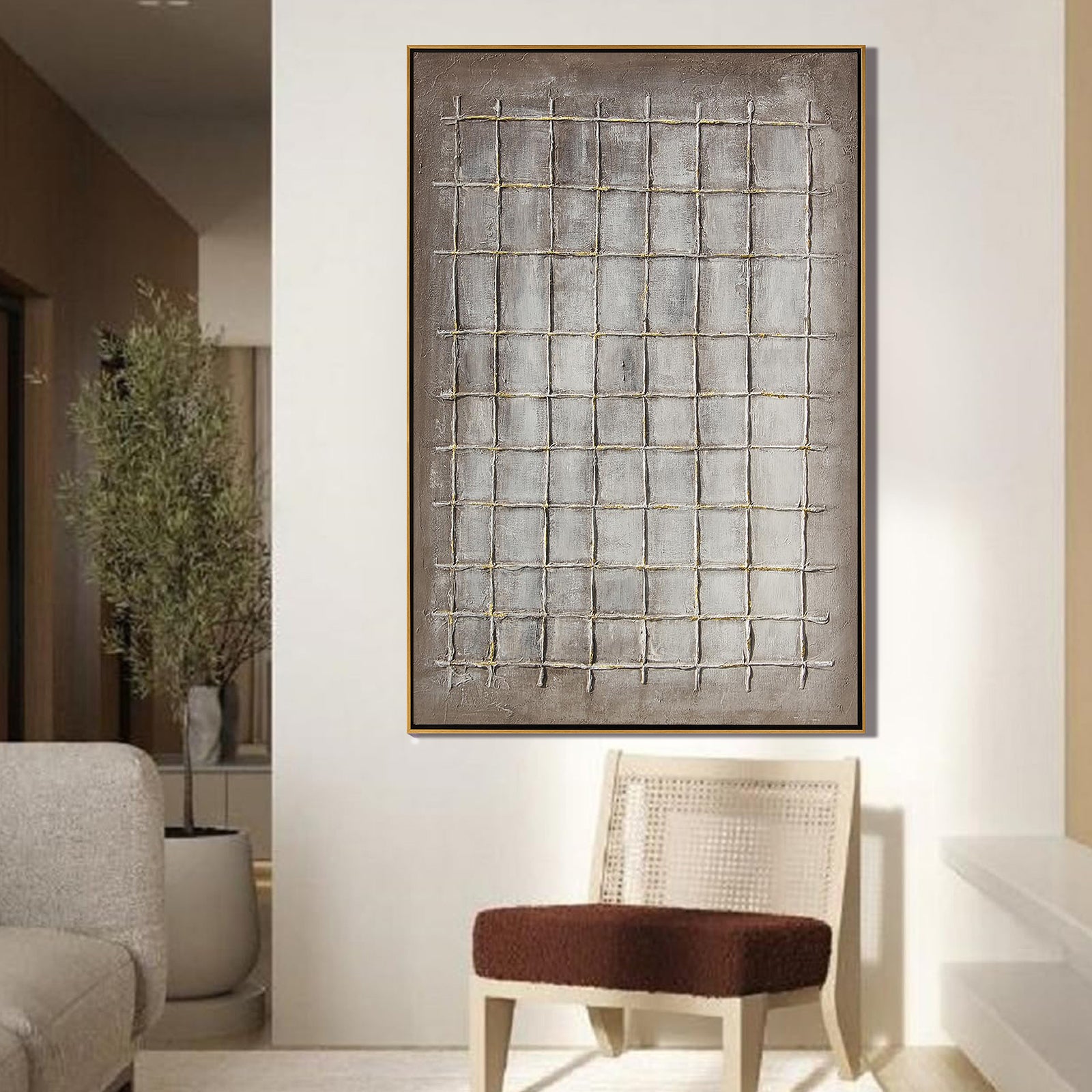 Ancient Grid – Modern Neutral Plaster Relief Grid Wabi-Sabi Painting | Japandi Organic Wabi-Sabi Living Room & Hallway Art