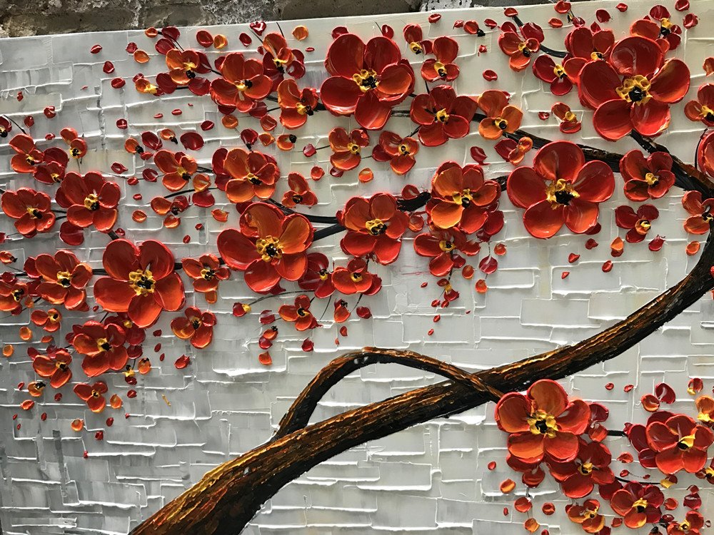 Crimson Blossom – Red Flower Tree Relief Floral Painting | Contemporary Botanical Bedroom & Living Room Art