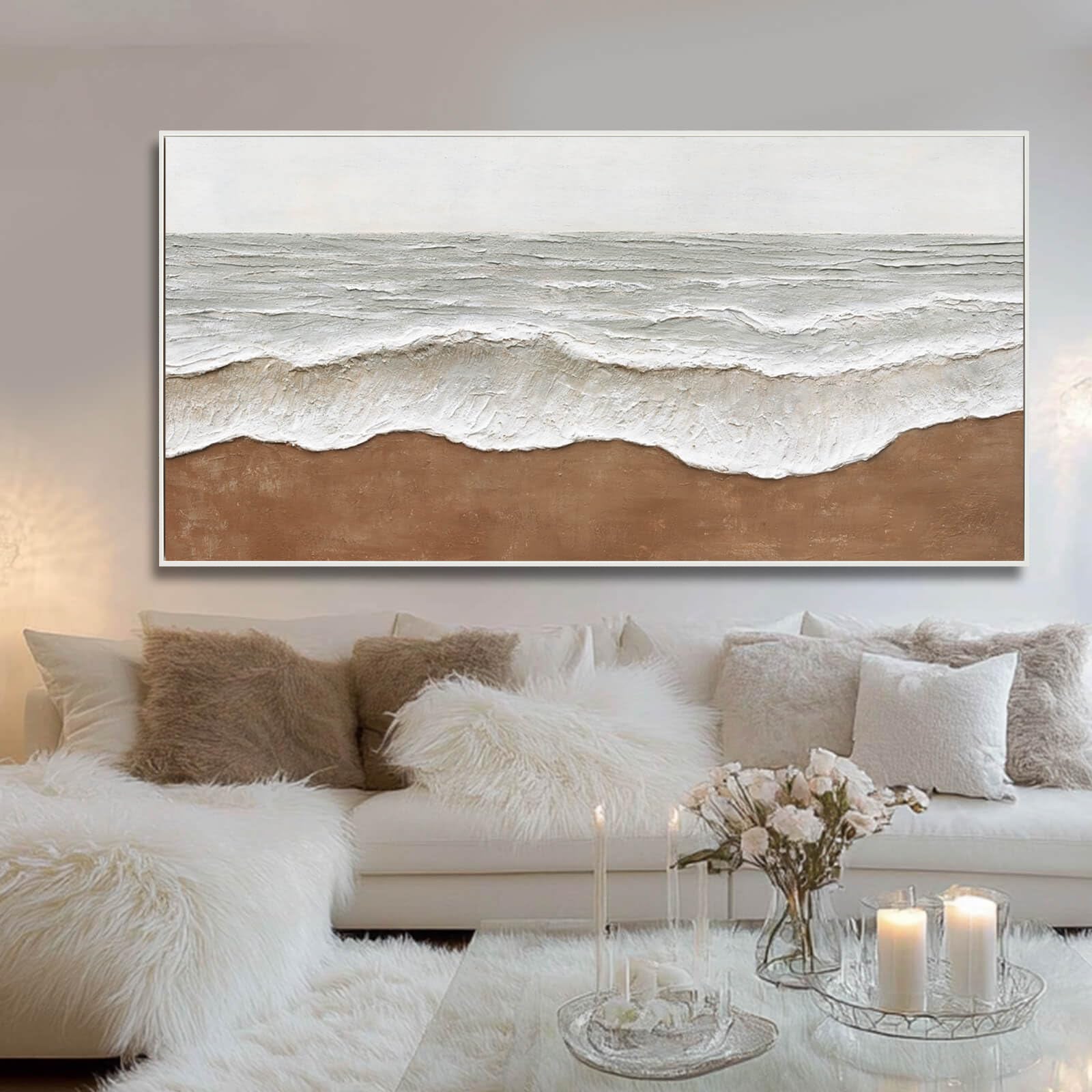Sandy Reach – Wabi-Sabi Sand and Wave Relief Texture Painting | Contemporary Landscape Living Room & Dining Room Art