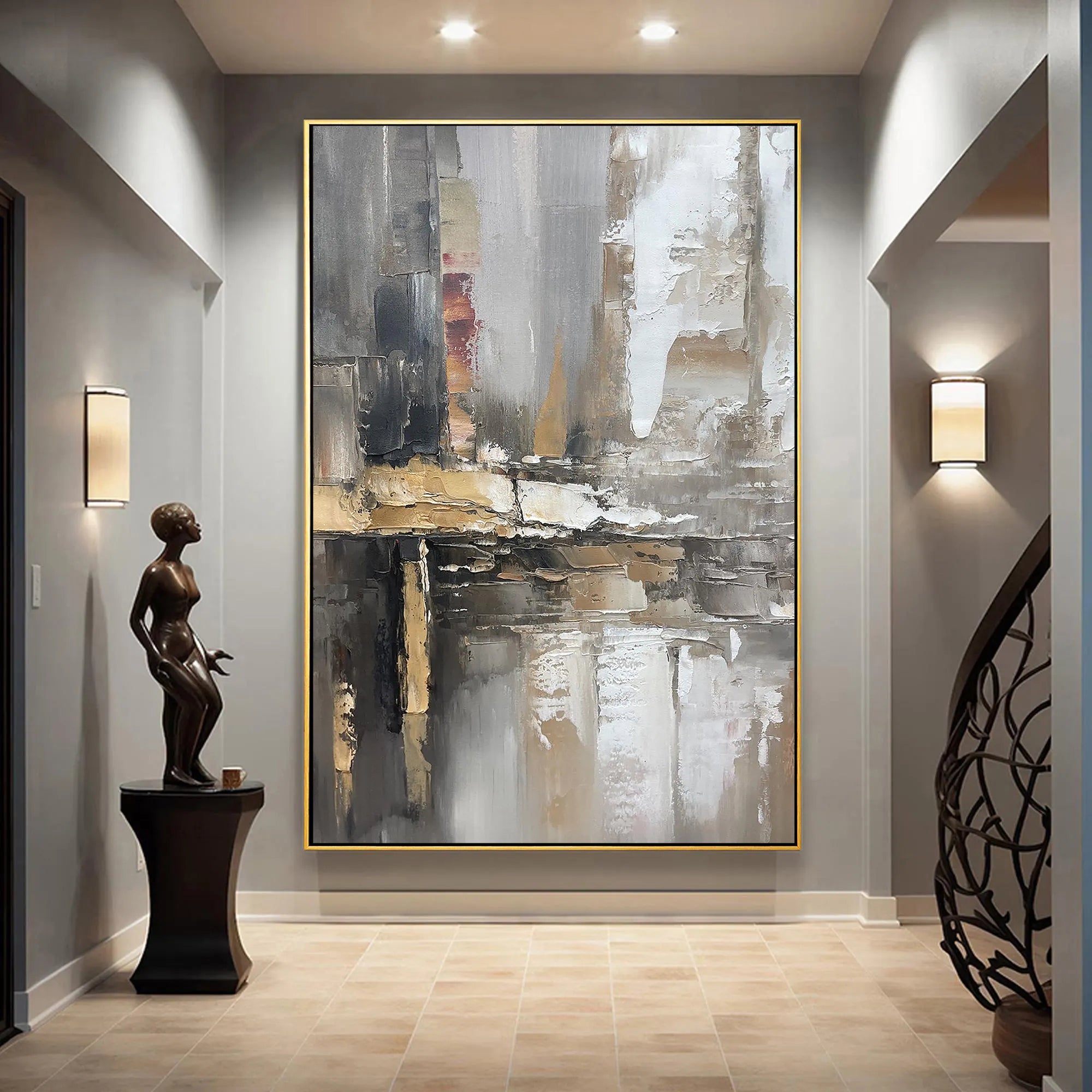 Earthen Core – Hand-Painted Grey and Gold Soil Tone Palette Knife Abstract Painting | Japandi Wabi-Sabi Living Room & Bedroom Art