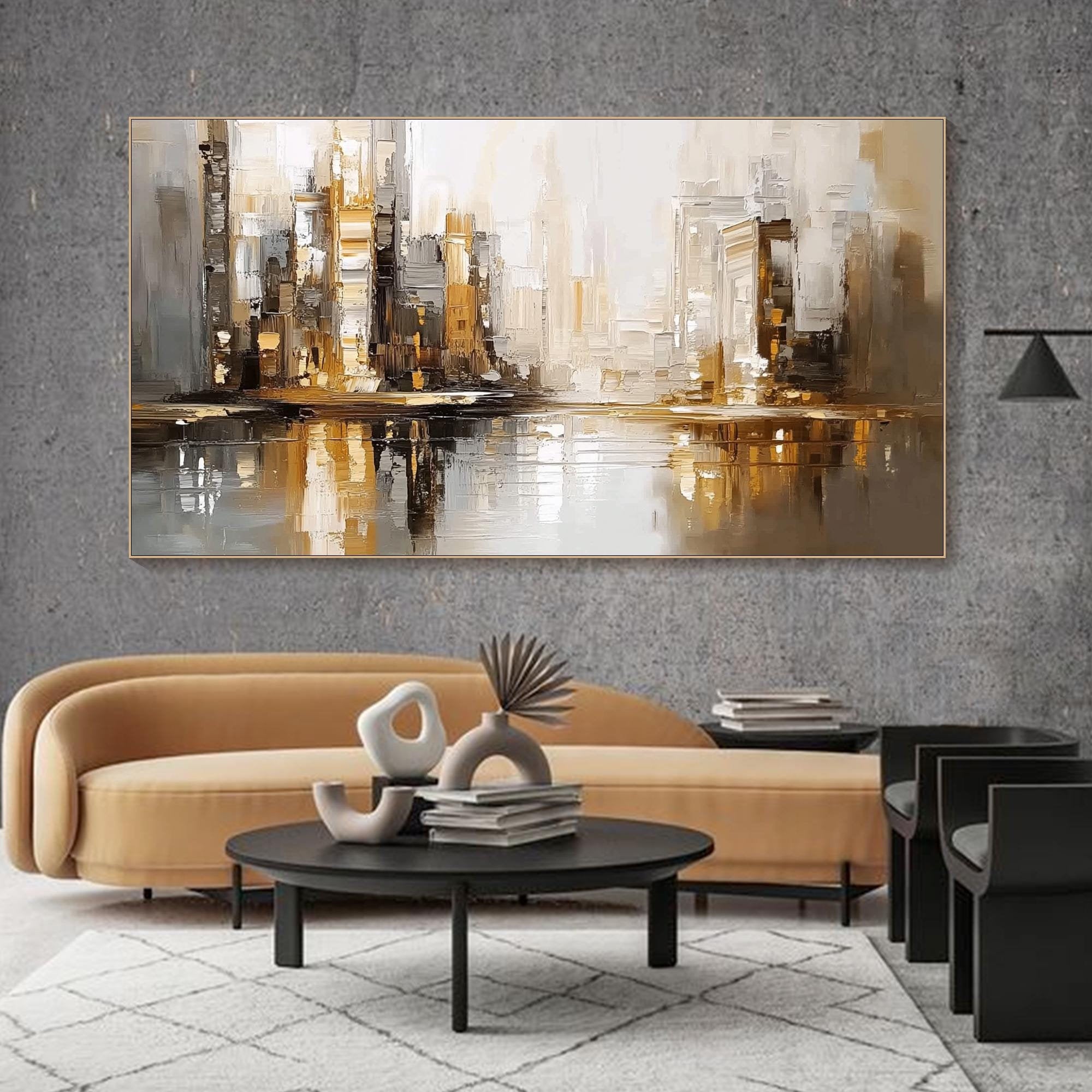 URBAN GOLD: Cityscape Wall Art, Hand-Painted Industrial Gold and Grey Skyline Palette Knife Heavy Texture Canvas Painting