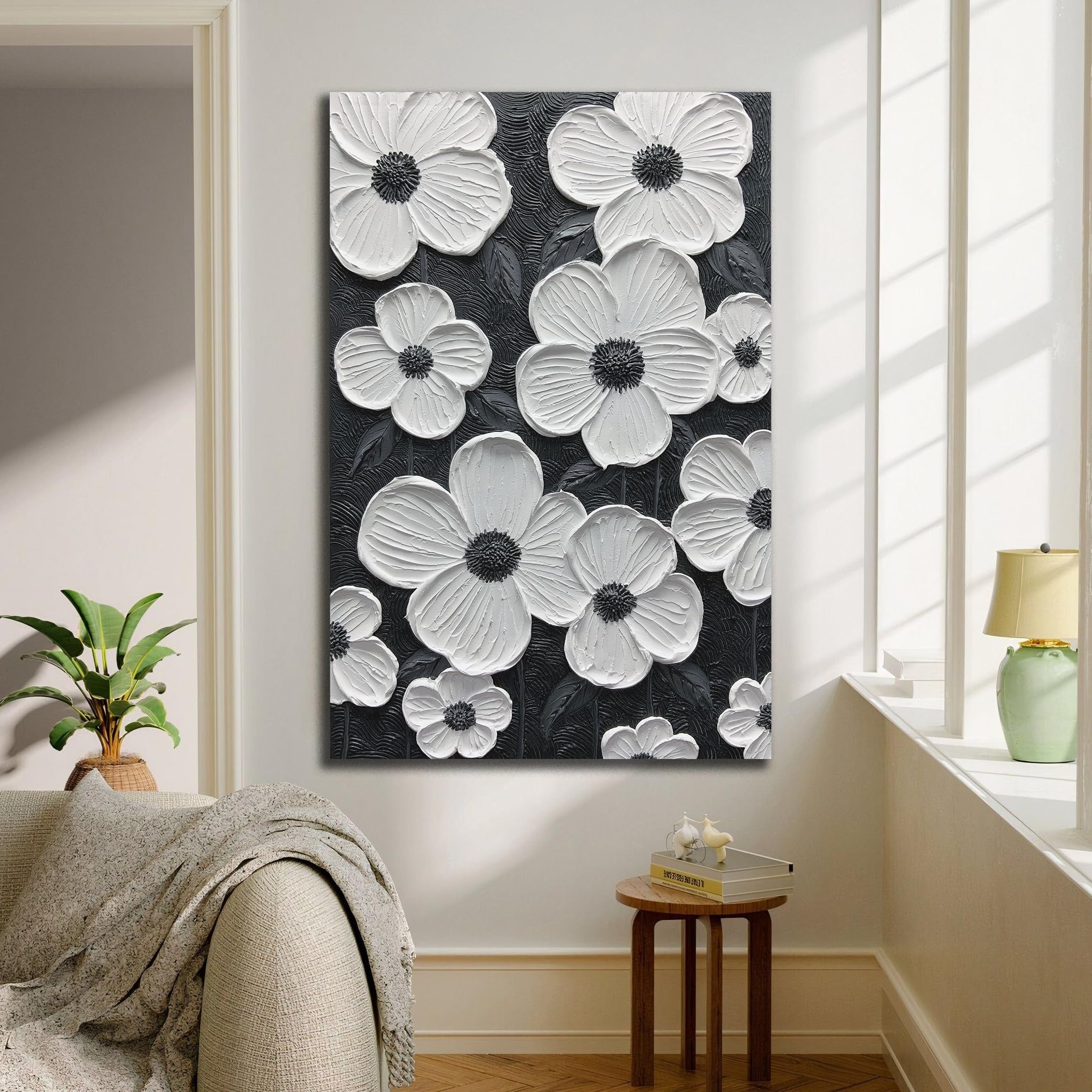 Stark Petals – Sculptural Monochrome Canvas | Ultra-Modern High-Contrast Statement Living Room Art