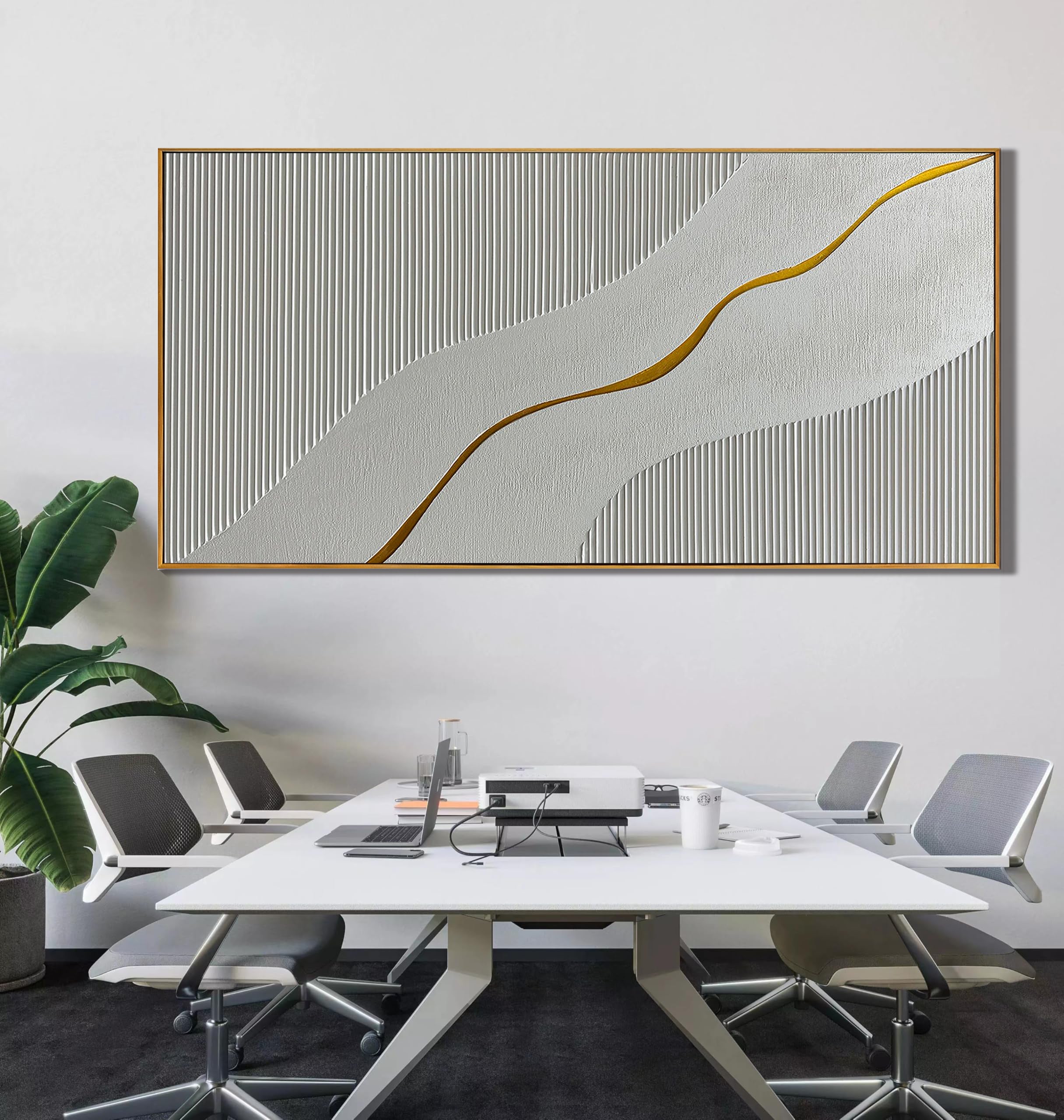 Vein of Gold – Wabi-Sabi White Textured Abstract Art with Gold Line | Modern Luxury Living Room Art
