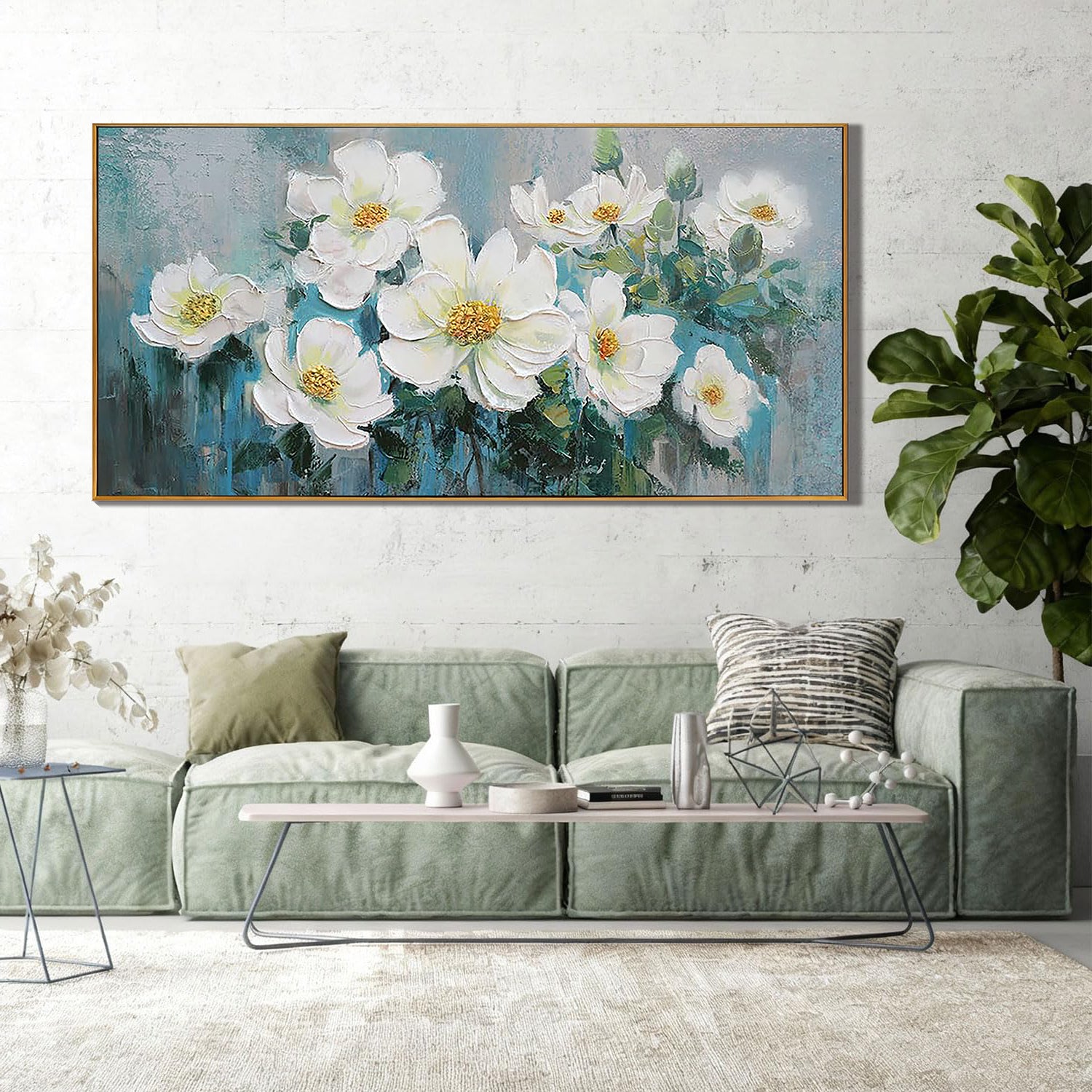 Aquamarine Bloom – Heavy Textured White Magnolia Painting | Elegant Teal & Gray Floral Bedroom Art