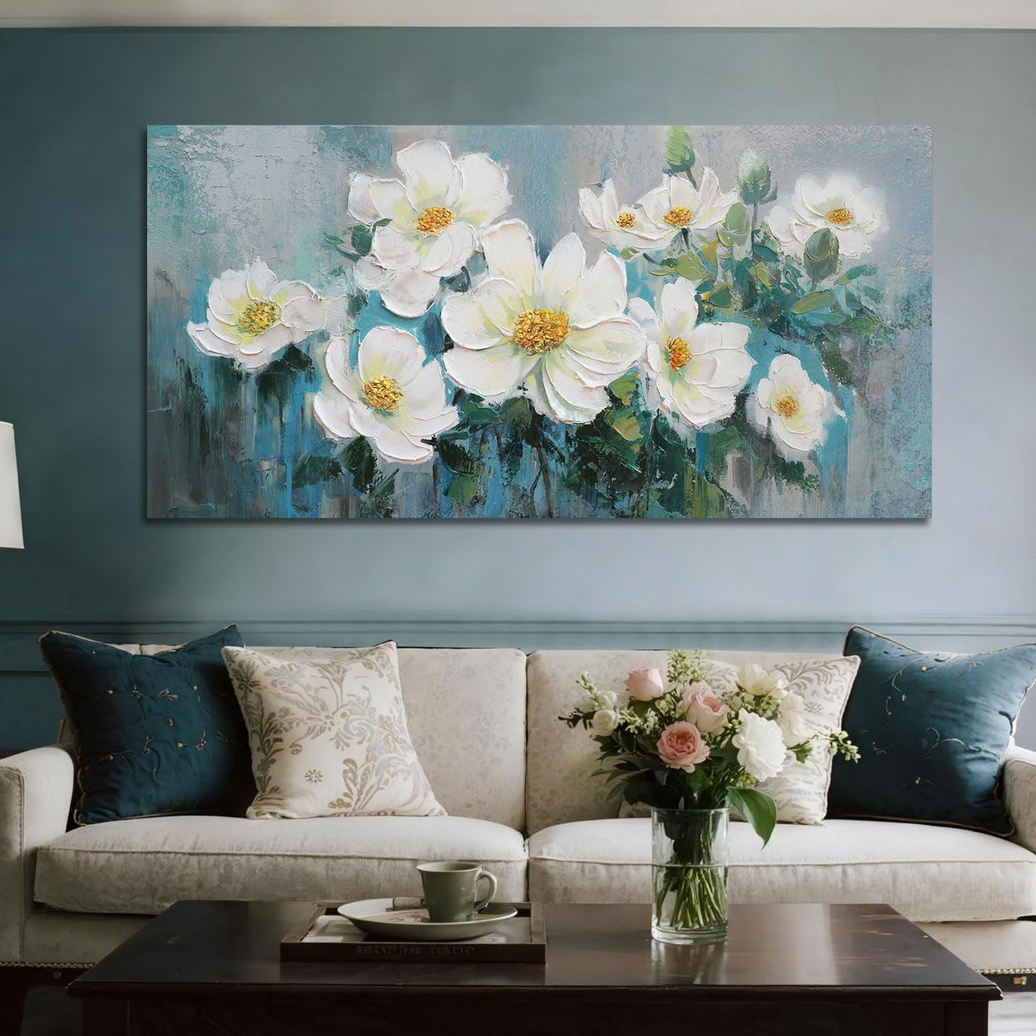 Aquamarine Bloom – Heavy Textured White Magnolia Painting | Elegant Teal & Gray Floral Bedroom Art