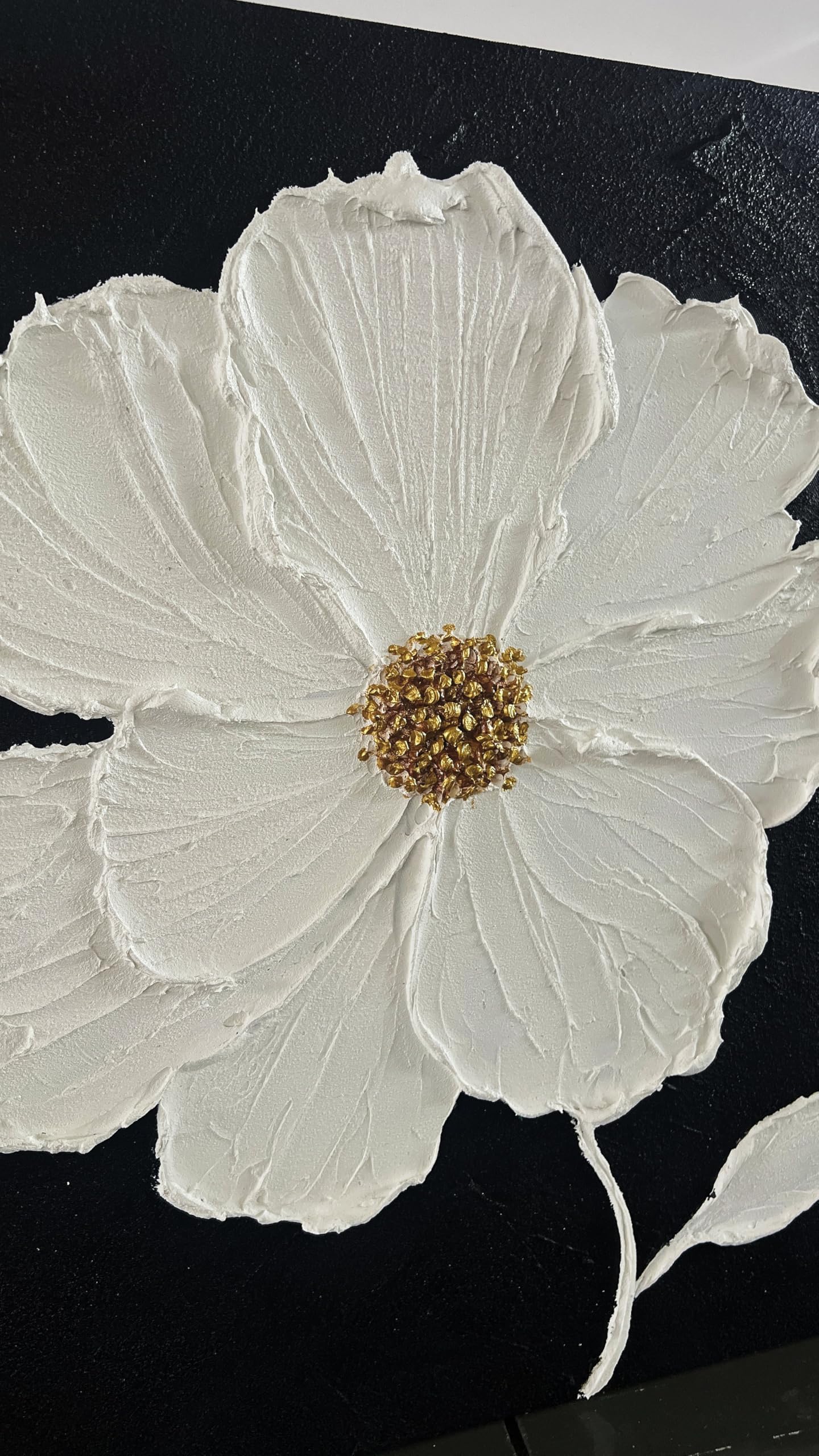 Pure Bloom – Hand-Painted Black and White Minimalist Petal Plaster Relief Floral Painting | Minimalist Botanical Bedroom & Living Room Art