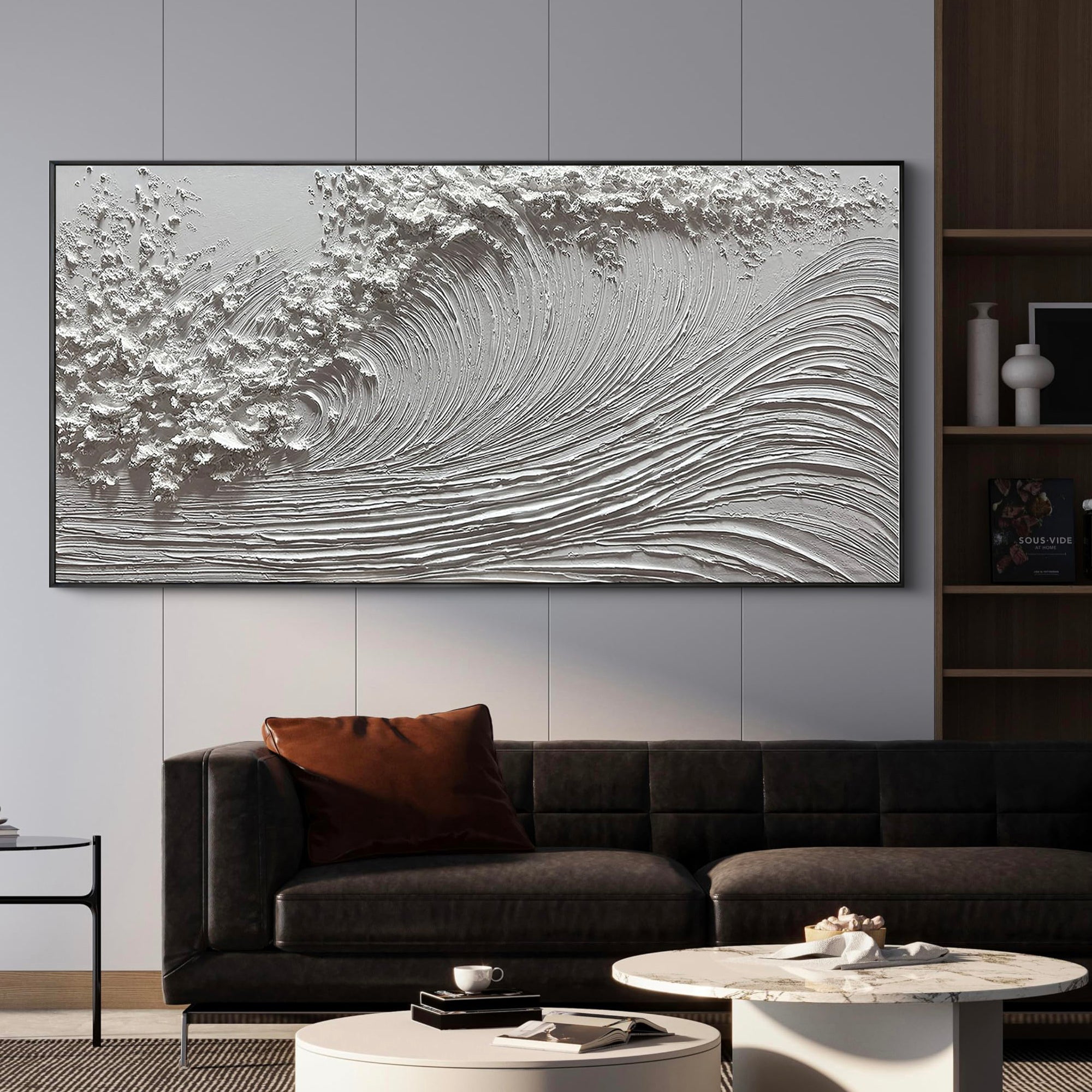 The Silent Swell – All White Minimalist Textured Ocean Wave Art | Wabi-Sabi Heavy Impasto Home Office Art