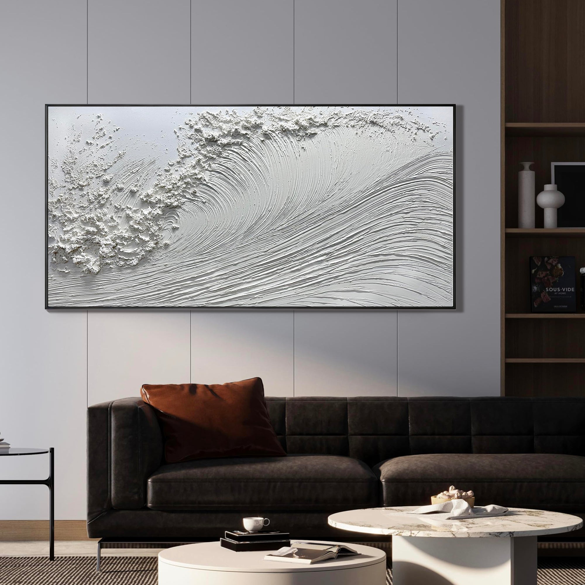 WHITE CREST: Panoramic 3D Plaster Texture Wave Wall Art, Modern Ocean Relief Painting