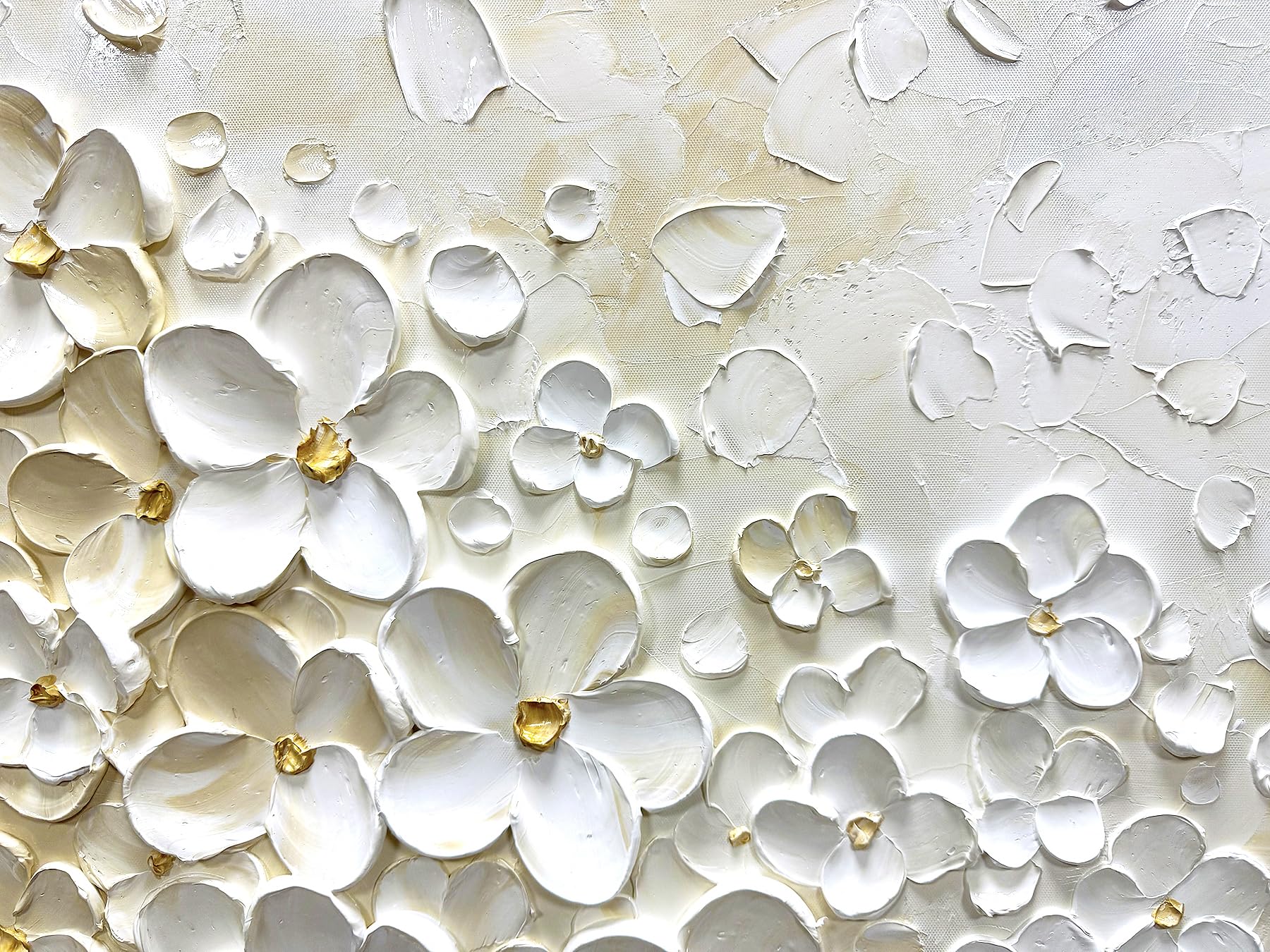 VANILLA BLOOM: 3D Heavy Texture White Flower Wall Art, Cream & Gold Relief Petal Painting