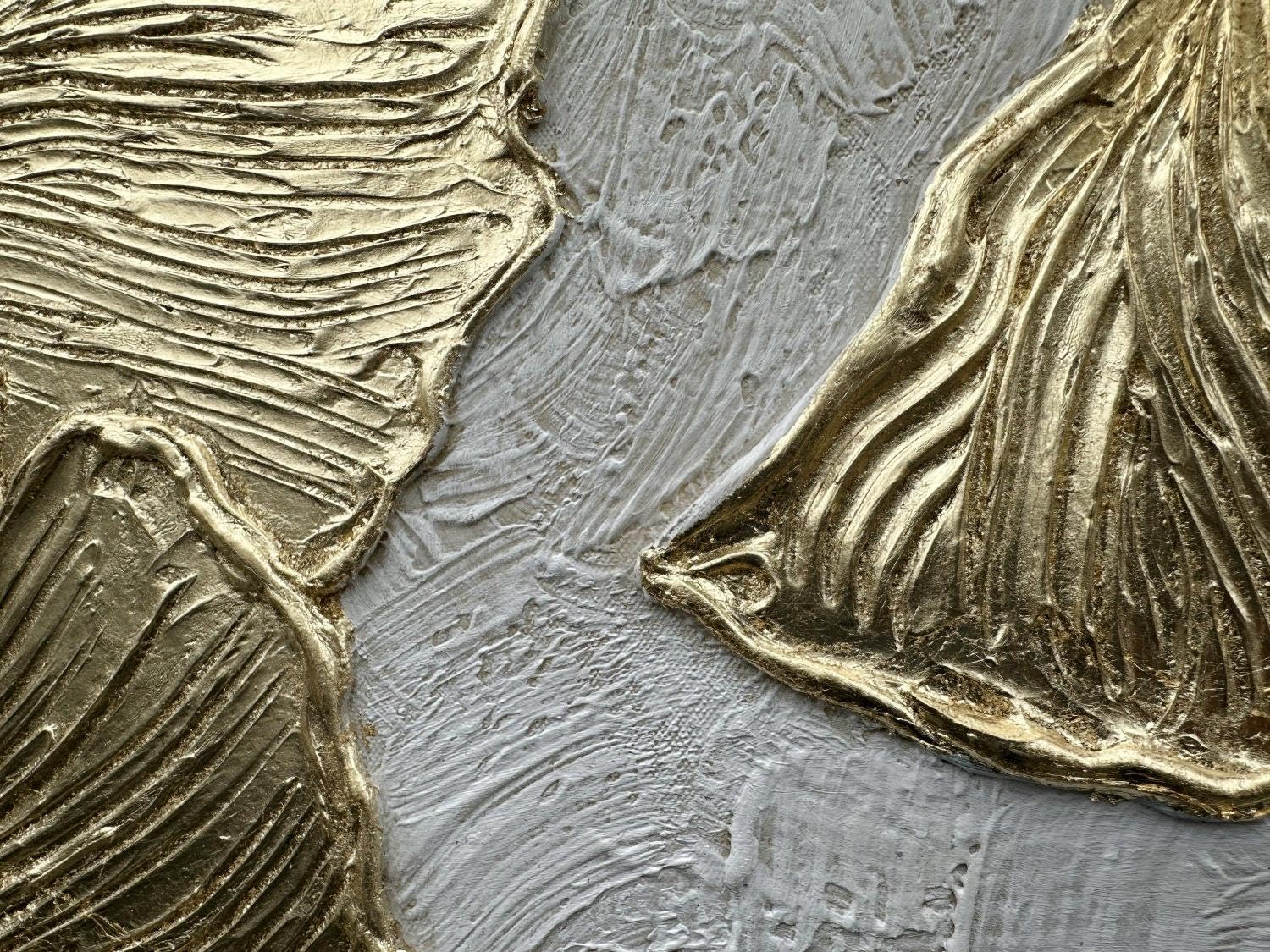 Gilded Leaves – Modern Gold Leaf Relief Texture Painting | Modern Luxury Metallic Living Room & Hotel Art