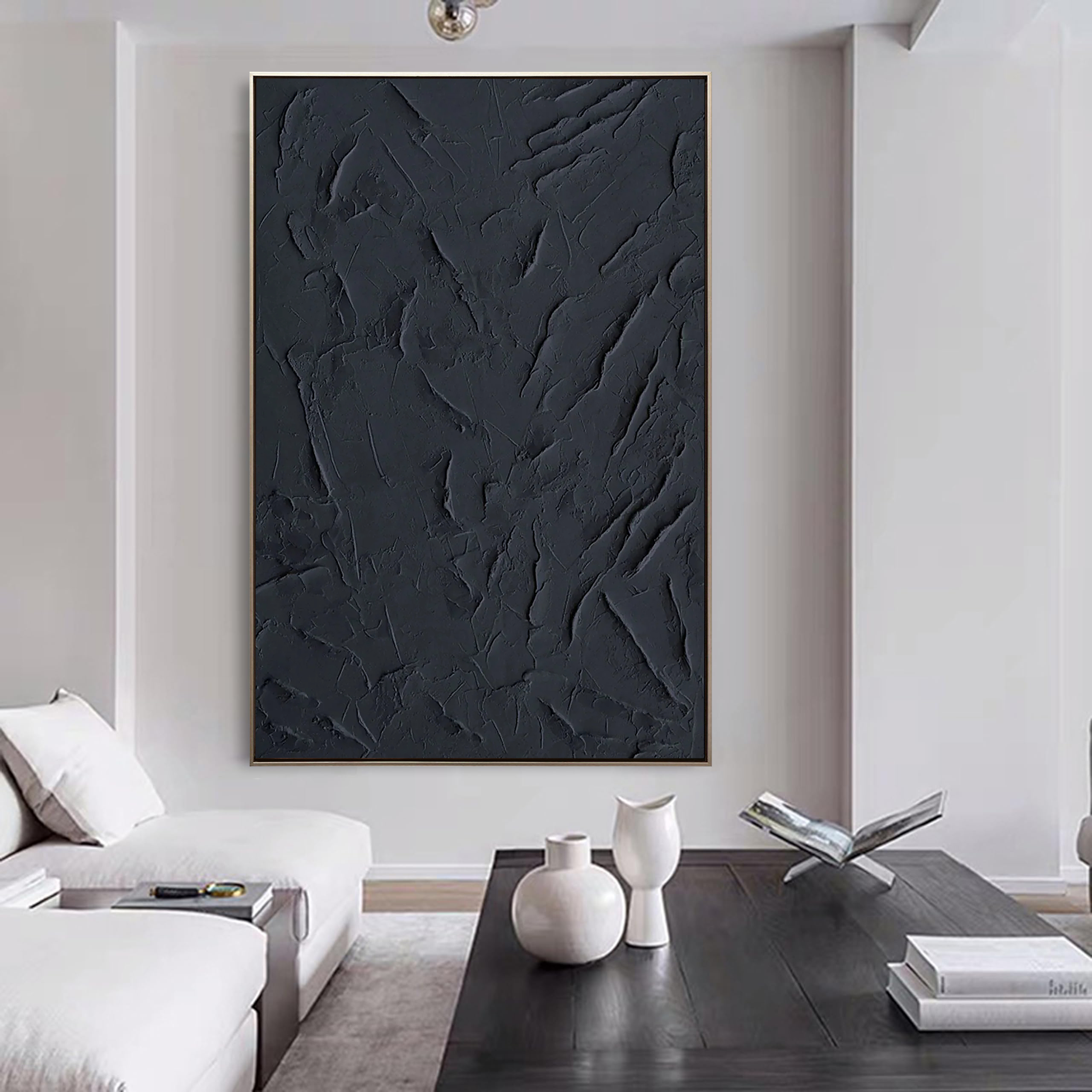 Onyx Silence – Minimalist Deep Black Abstract Plaster Relief Painting | Minimalist Sculpted Plaster Studio Art