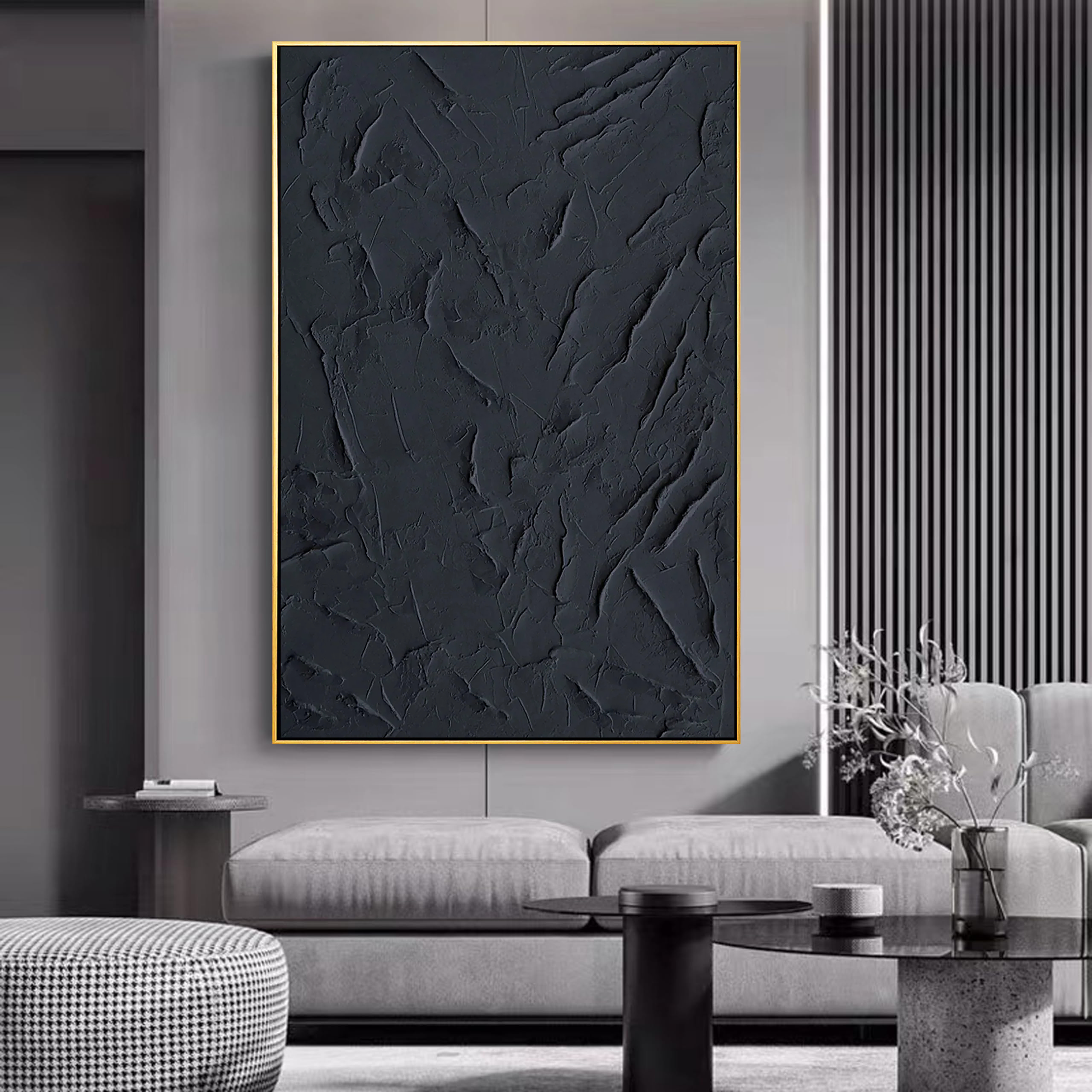 Onyx Silence – Minimalist Deep Black Abstract Plaster Relief Painting | Minimalist Sculpted Plaster Studio Art