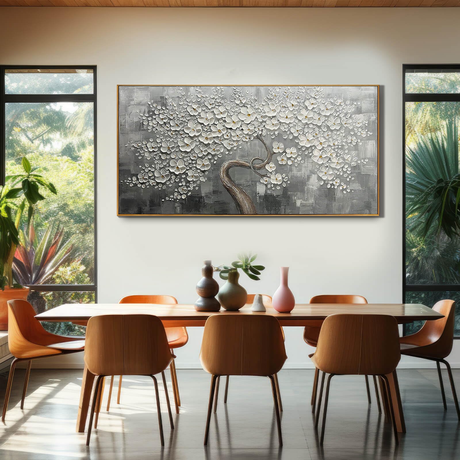 Silver Blossom – Hand-Painted White Tree 3D Relief Heavy Texture Plaster Floral Painting | Contemporary Botanical Bedroom & Living Room Art