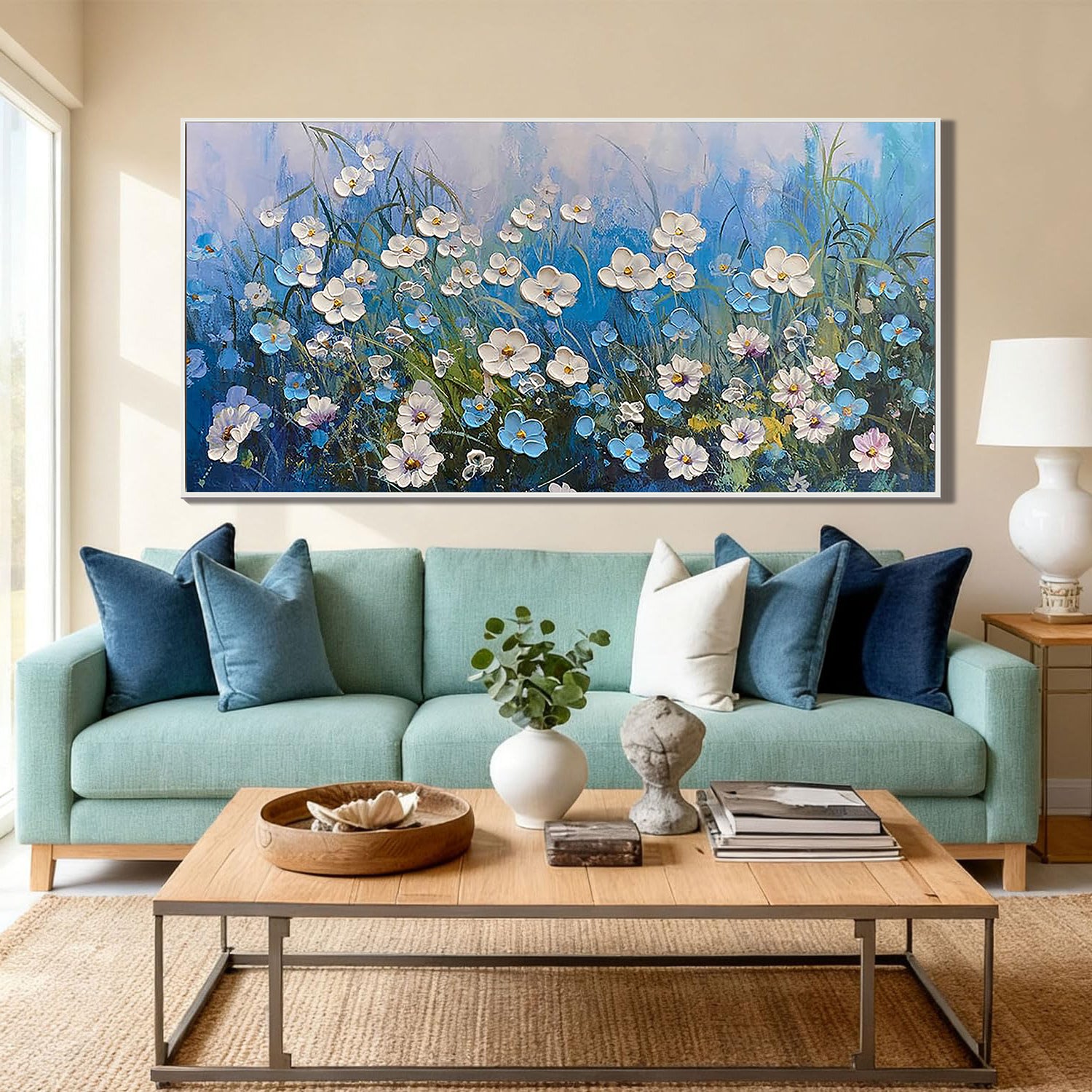 Azure Meadow – Blue Wildflower Relief Floral Painting | Contemporary Botanical Bedroom & Living Room Art