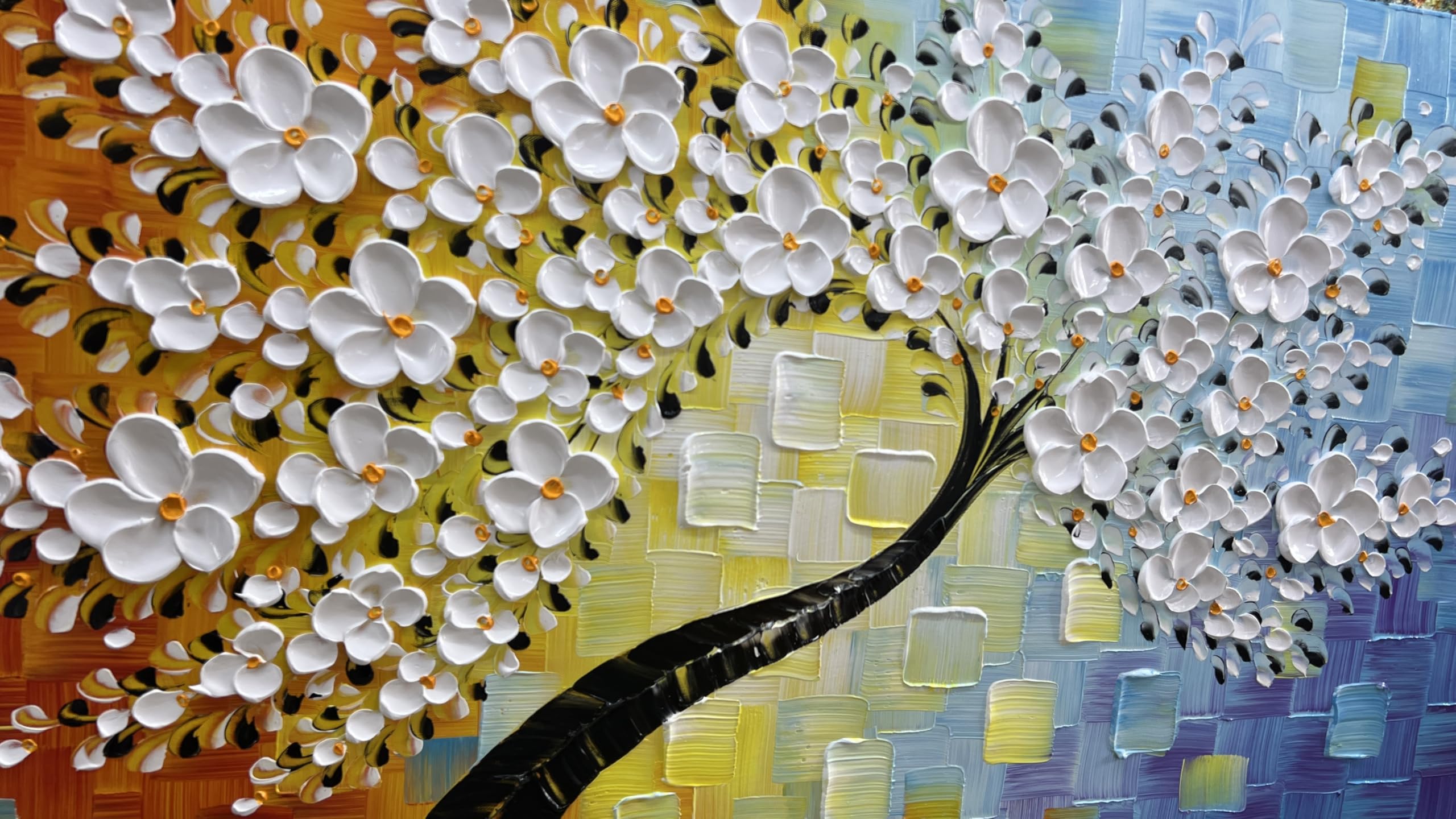 Dance of Life – Modern Textured Impasto Flower Tree | Artful Warm-Cool Contrast Entryway Wall Art