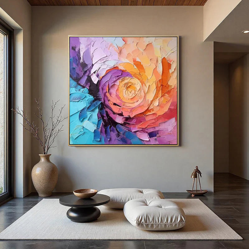 VORTEX BLOOM: Square 3D Heavy Texture Abstract Wall Art, Vibrant Rainbow Palette Knife Canvas