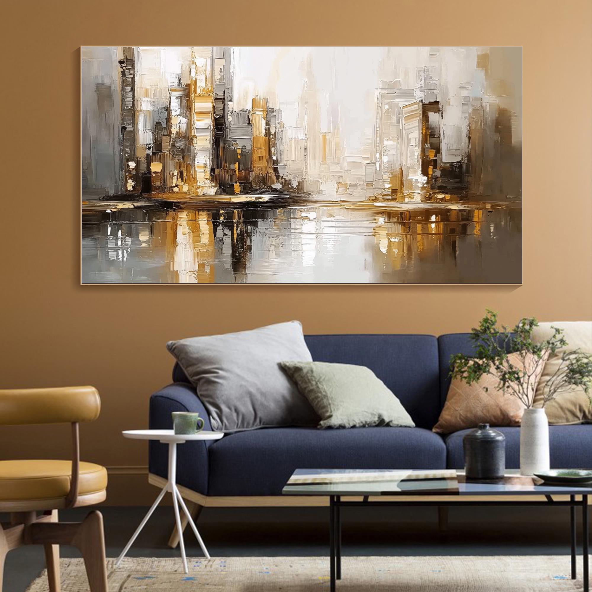 URBAN GOLD: Cityscape Wall Art, Hand-Painted Industrial Gold and Grey Skyline Palette Knife Heavy Texture Canvas Painting