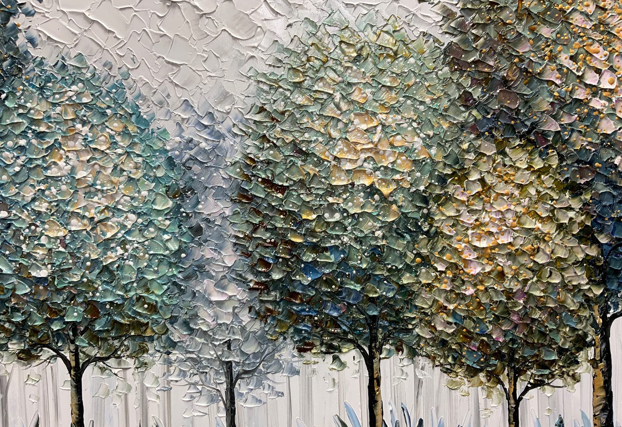 Morning Whispers – Blue-Grey & Gold Impasto Abstract Tree Landscape | Modern Luxury Bedroom Art