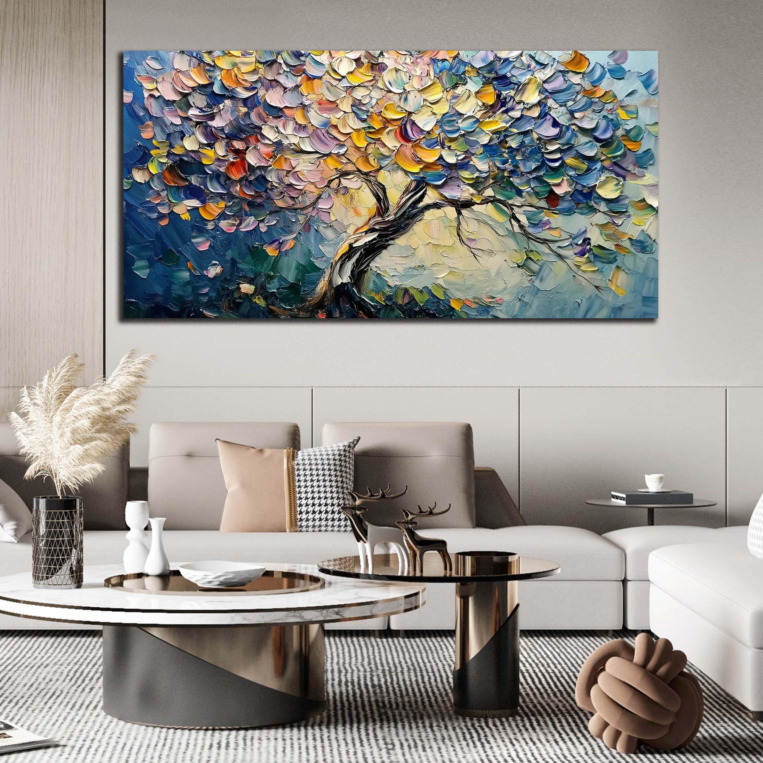 VIBRANT BLOOM: Floral Wall Art, Hand-Painted Horizontal Rainbow Tree 3D Palette Knife Heavy Texture Gallery Art
