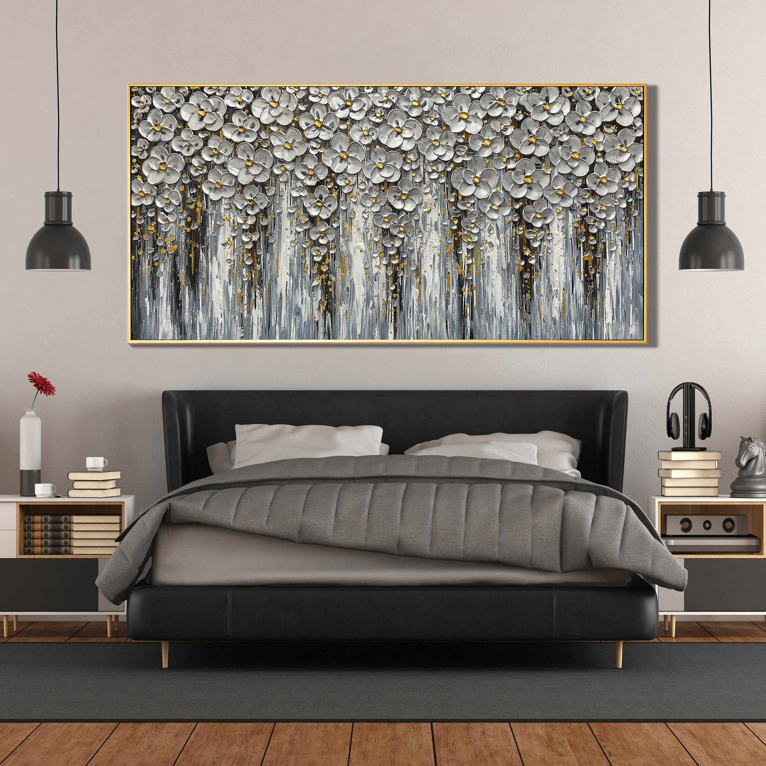 Silver Bloom – Luxury Blossom Relief Floral Painting | Contemporary Botanical Bedroom & Living Room Art