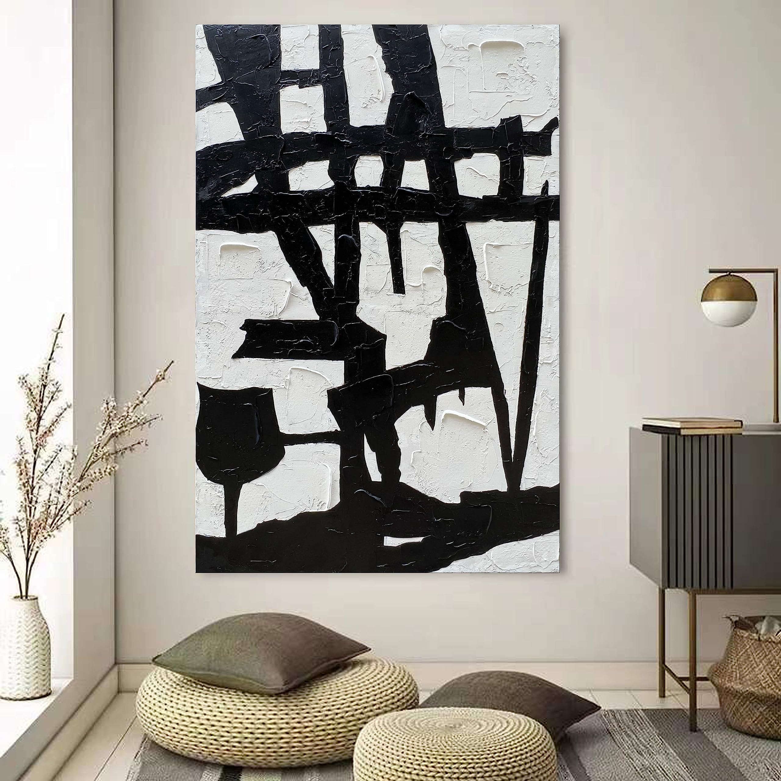 Urban Symbol – Bold Black and White Abstract Relief Texture Painting | Bold Abstract Palette Knife Living Room Art