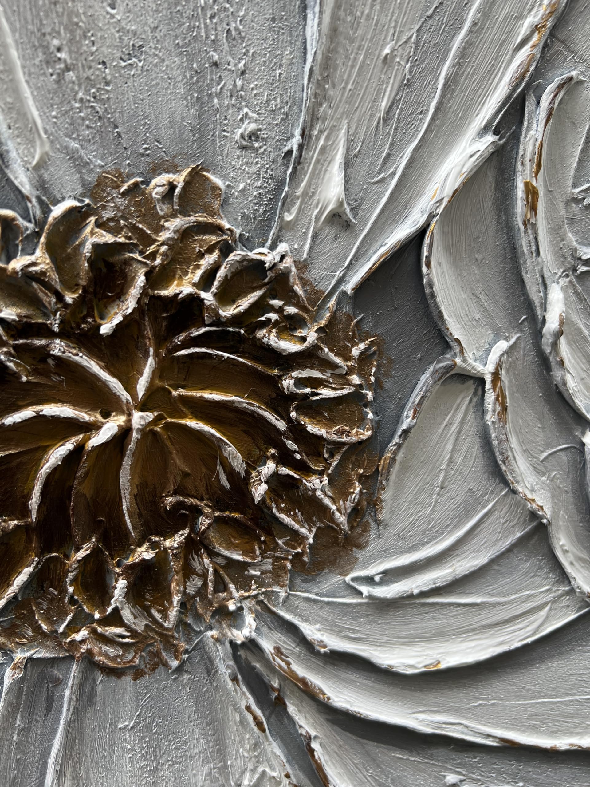 GOSSAMER BLOOM: 3D Heavy Texture Peony Wall Art, White Petal Relief with Gold Accents