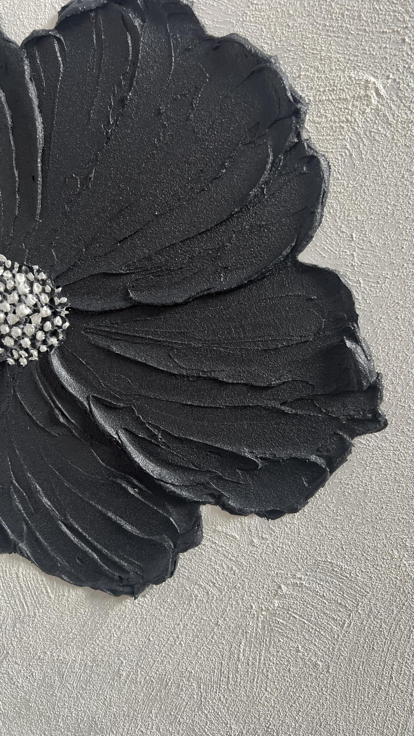 Midnight Petal – Black Minimalist Plaster Relief Floral Painting | Contemporary Botanical Bedroom & Living Room Art
