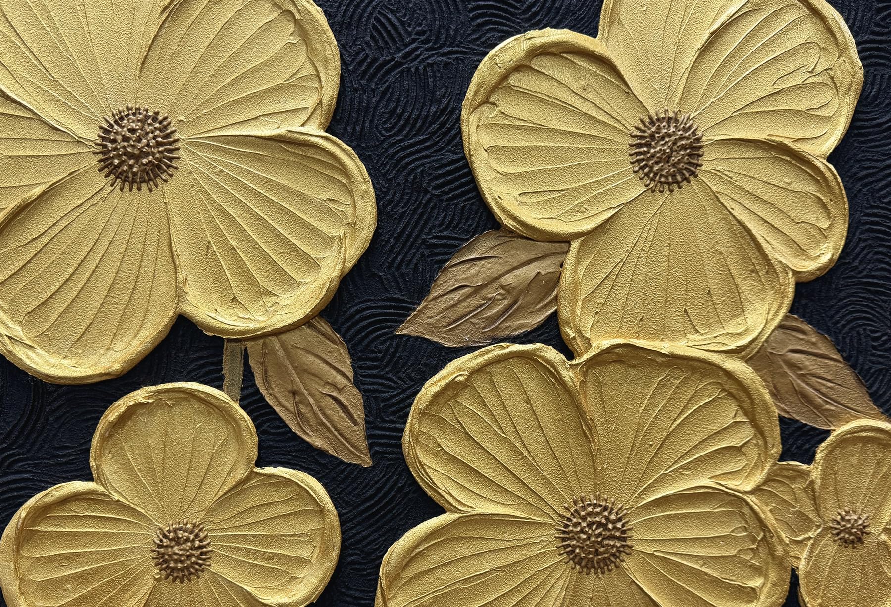 Gilded Age – Modern Luxury 3D Sculpted Gold Flowers | Black & Gold Contrast Entryway Wall Art