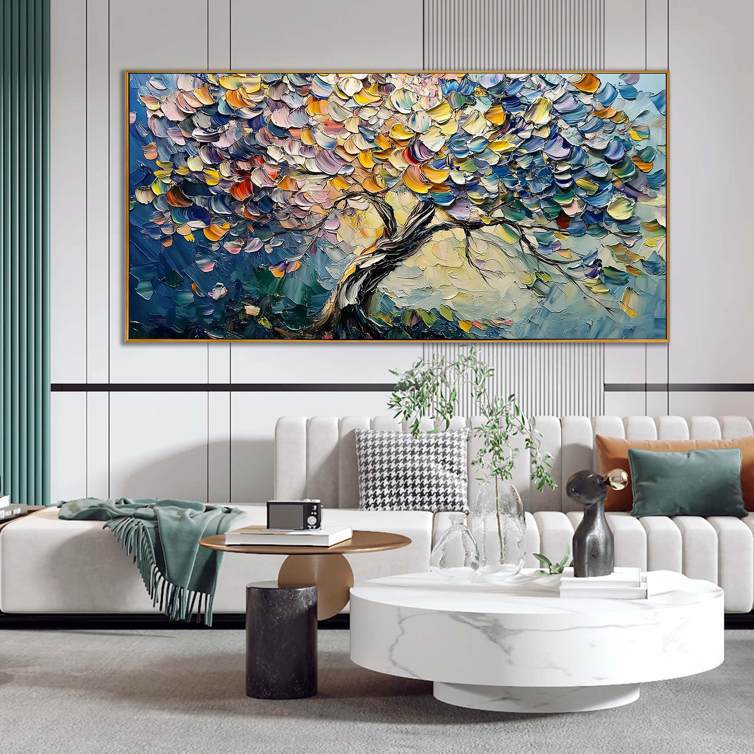 VIBRANT BLOOM: Floral Wall Art, Hand-Painted Horizontal Rainbow Tree 3D Palette Knife Heavy Texture Gallery Art