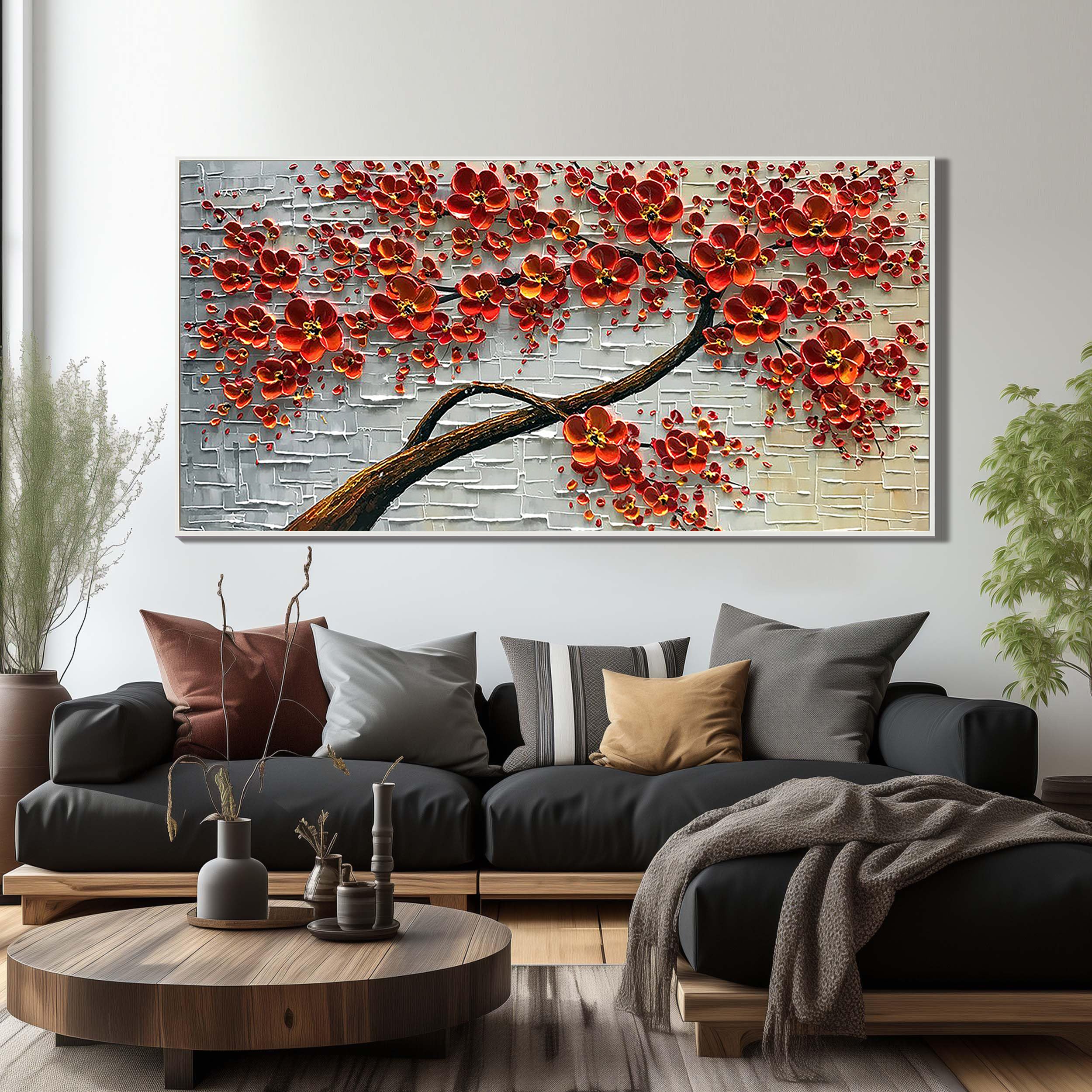 Crimson Blossom – Red Flower Tree Relief Floral Painting | Contemporary Botanical Bedroom & Living Room Art