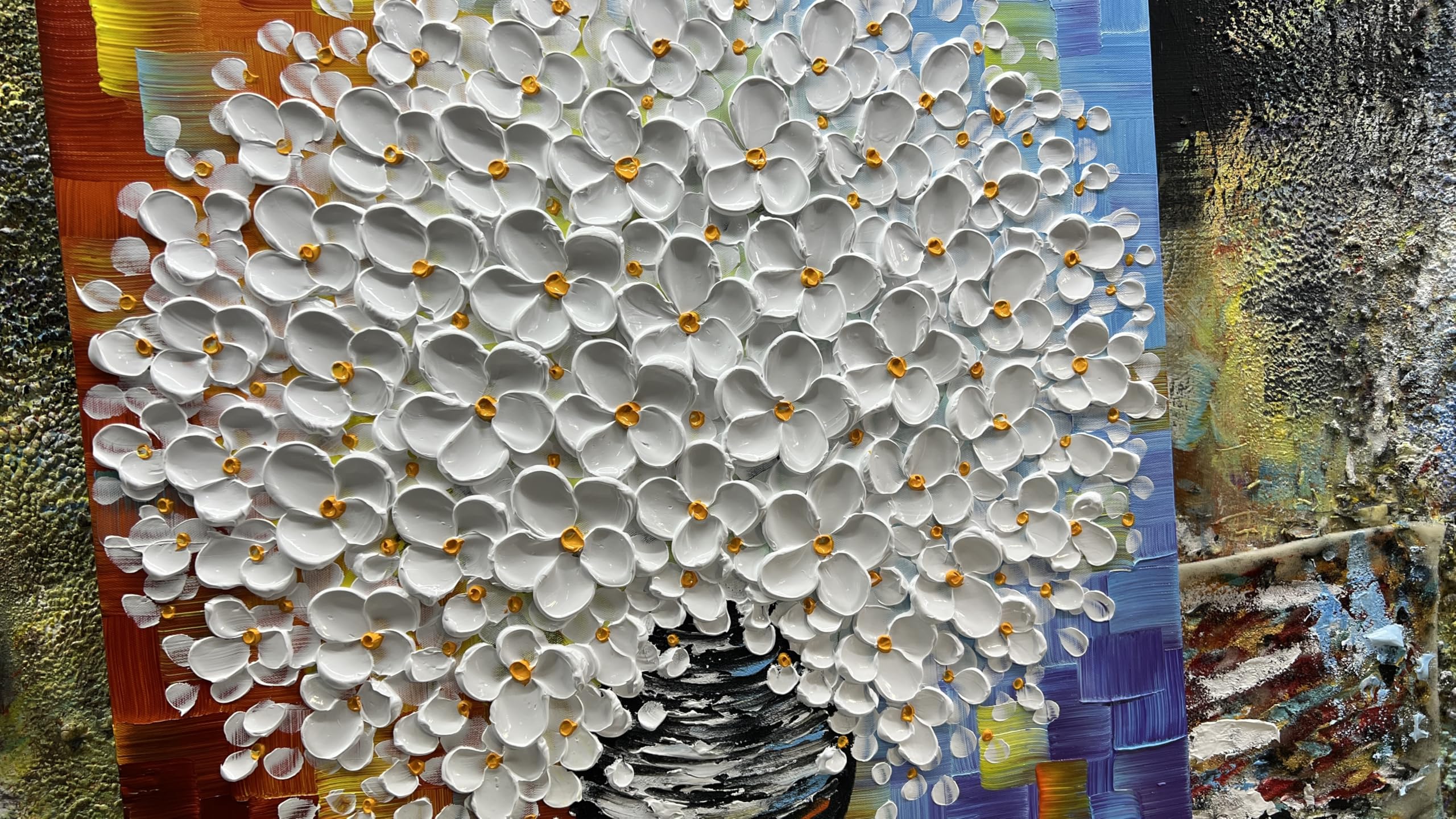 Ode to Blossoms – Modern Colorful Impasto White Floral Canvas | Vibrant Living Room Wall Art