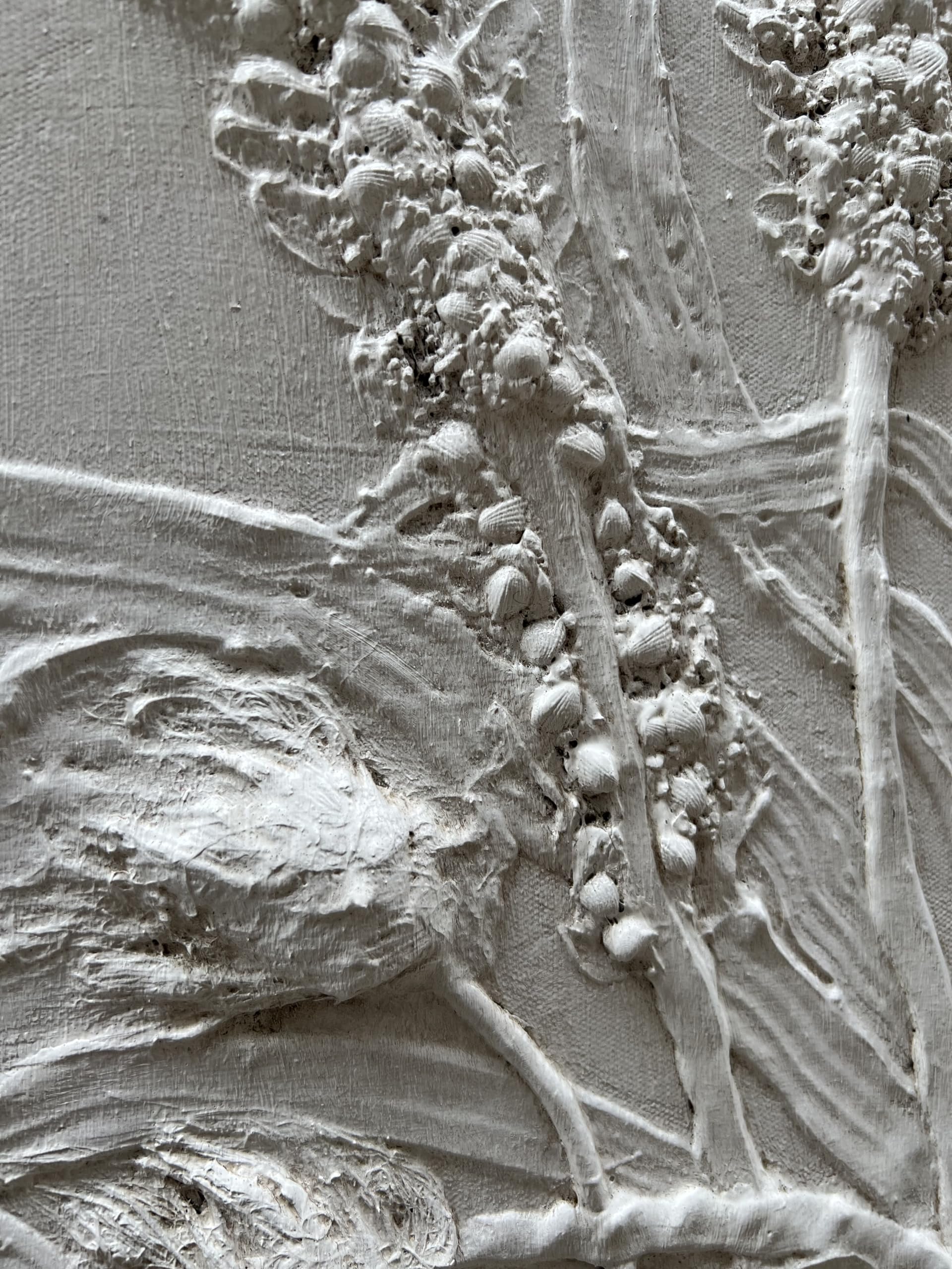 Lavender Breeze – White Plaster Botanical Relief Texture Painting | Contemporary Botanical Bedroom & Living Room Art