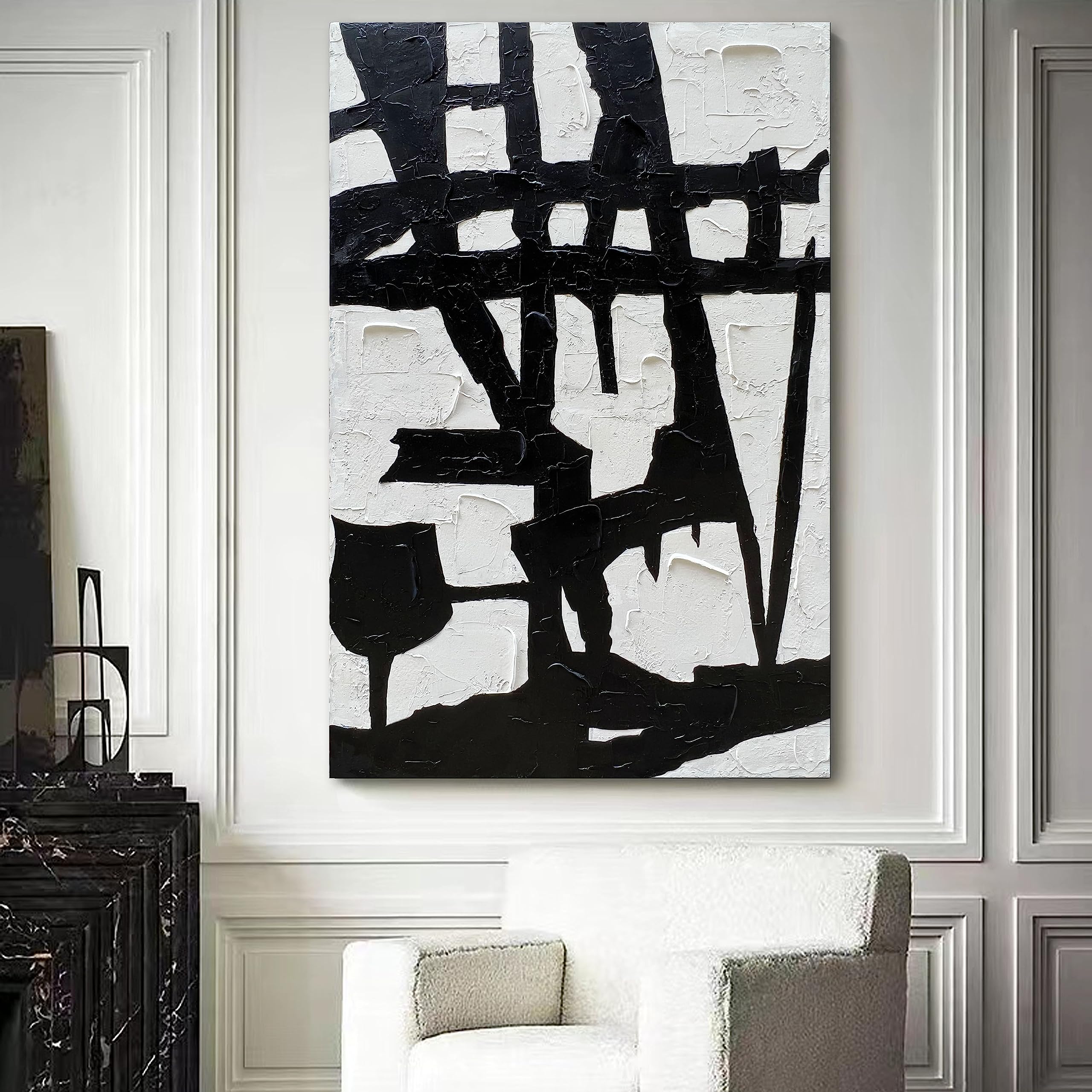 Urban Symbol – Bold Black and White Abstract Relief Texture Painting | Bold Abstract Palette Knife Living Room Art