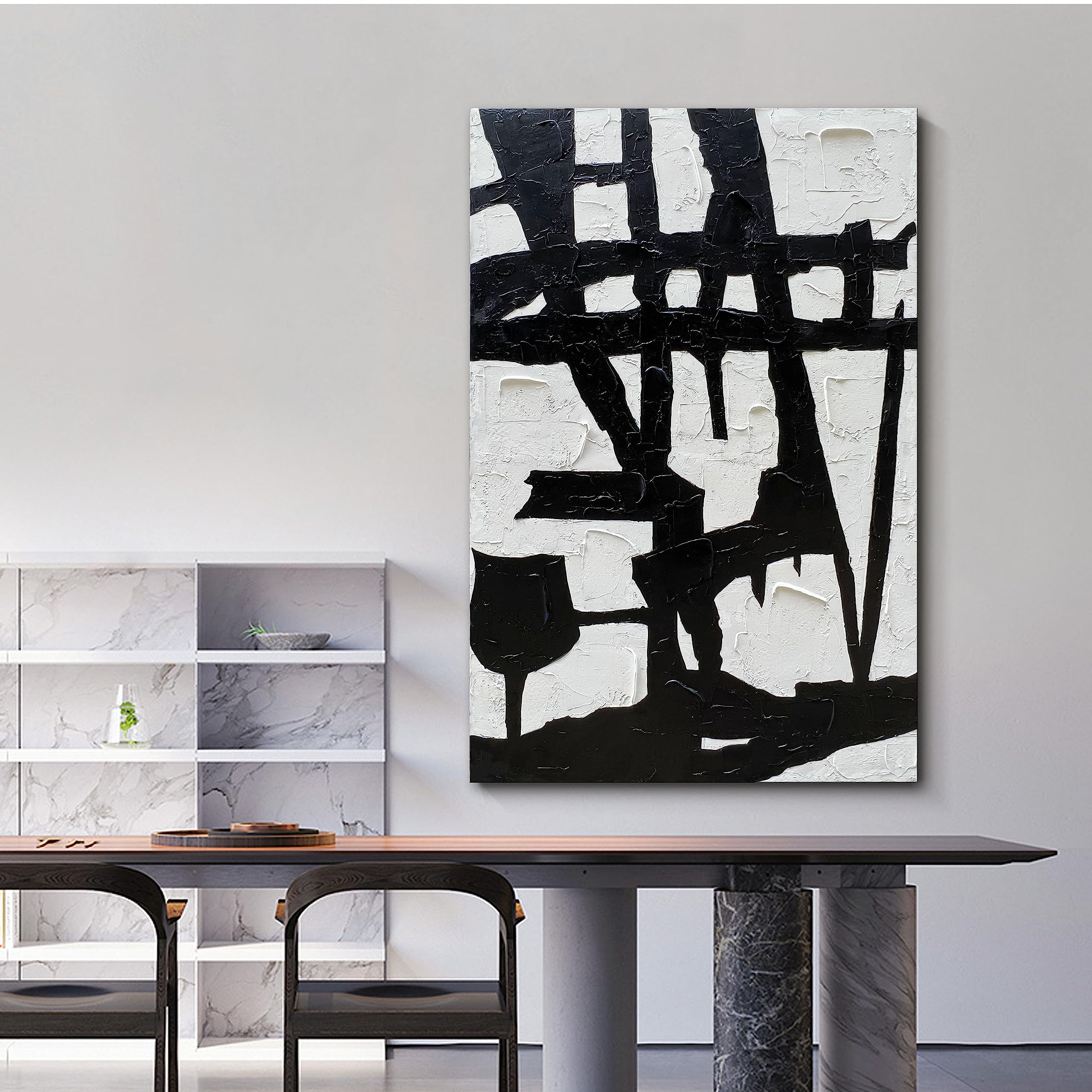 Urban Symbol – Bold Black and White Abstract Relief Texture Painting | Bold Abstract Palette Knife Living Room Art
