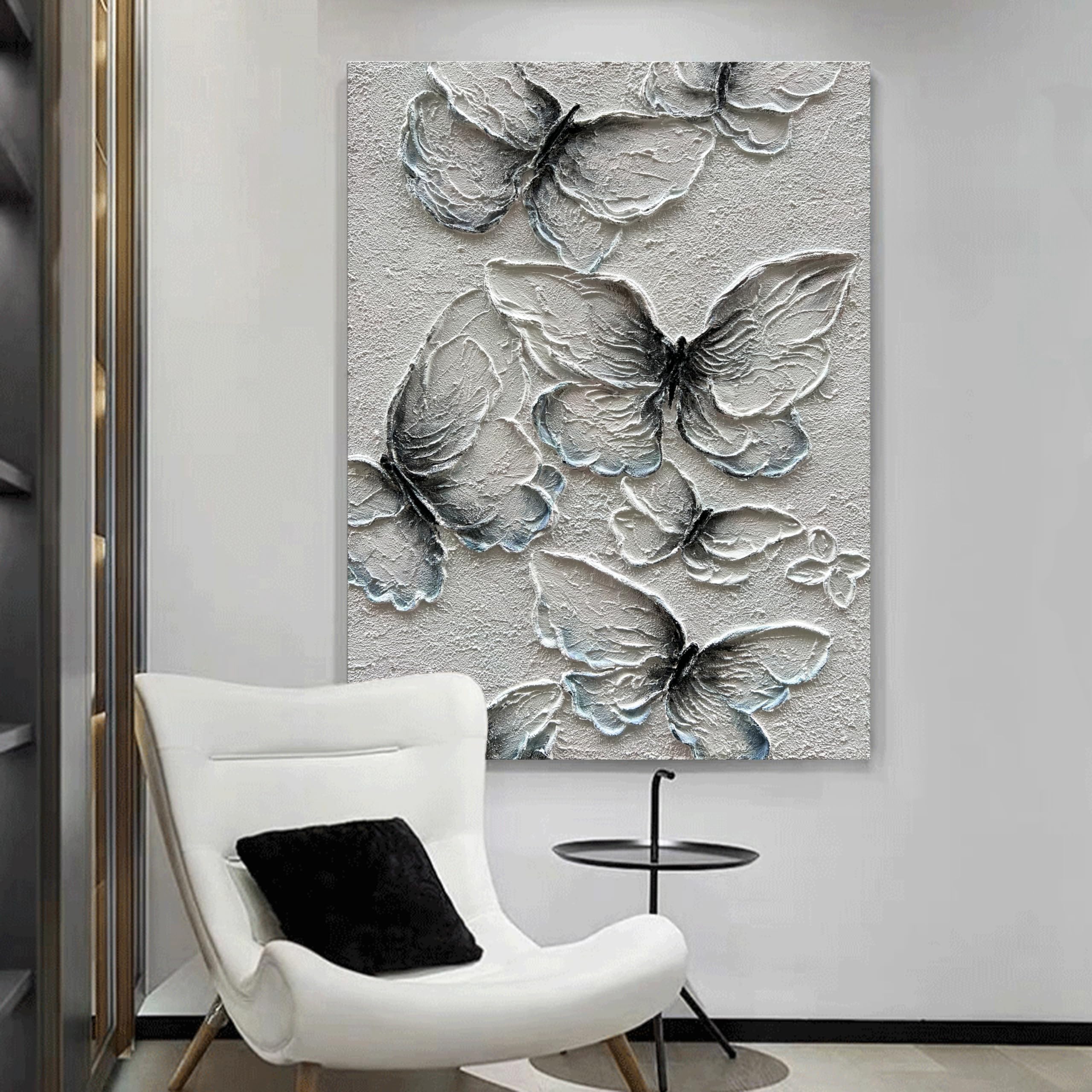 Gossamer Wings – White Plaster Animal Relief Texture Painting | Contemporary Plaster Texture Living Room & Office Art