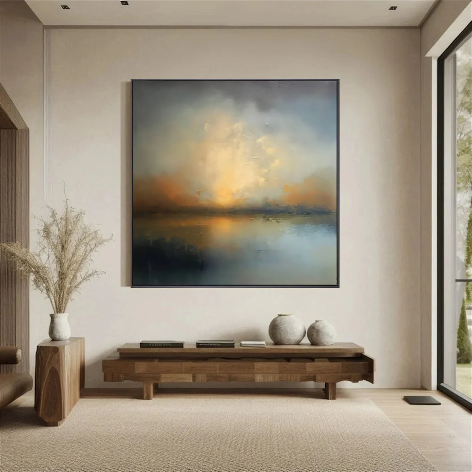 Glowing Horizon – Hand-Painted Atmospheric Sunset Lake Abstract Landscape Painting | Contemporary Landscape Living Room & Dining Room Art