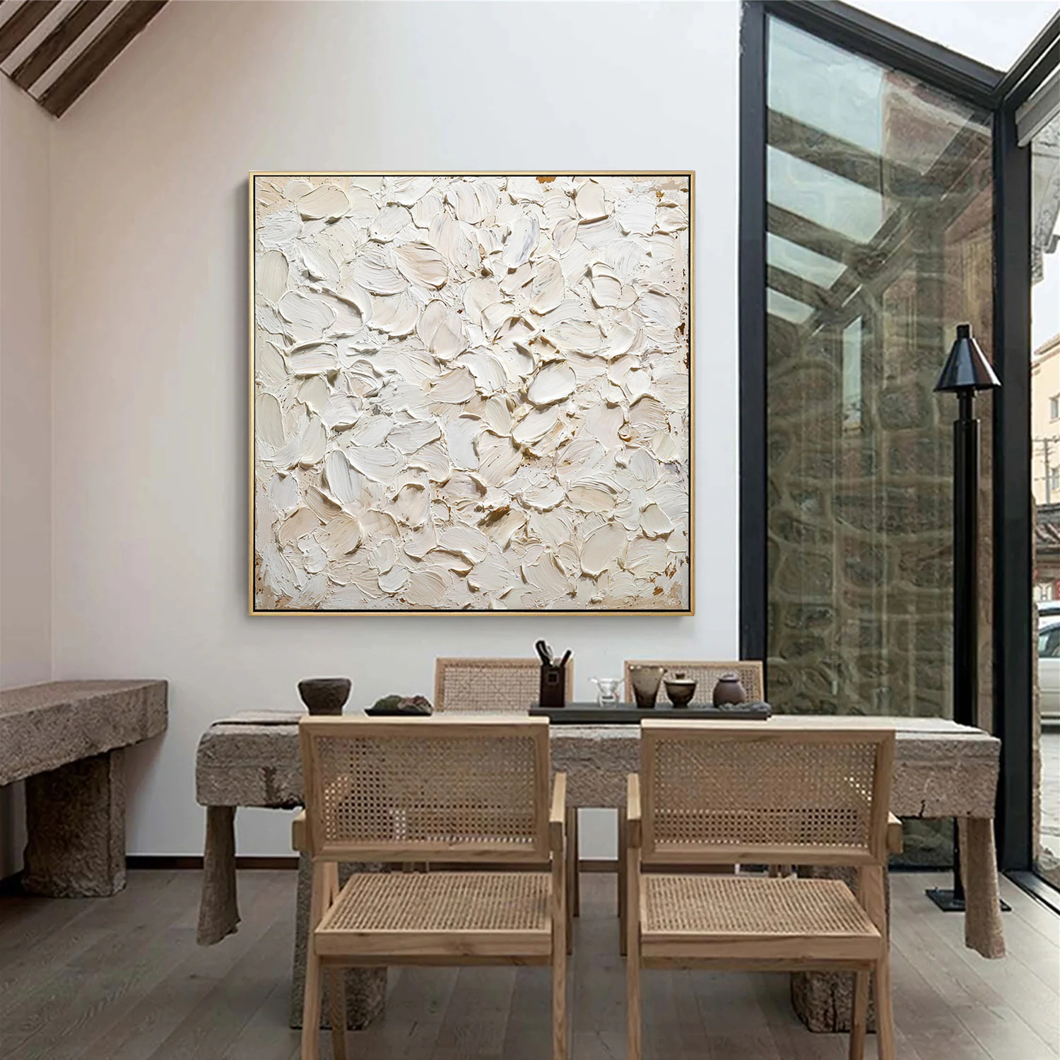 Oatmeal Cloud – Hand-Painted Neutral Beige All-Over 3D Impasto Palette Knife Texture Painting | Modern Abstract Living Room & Office Art