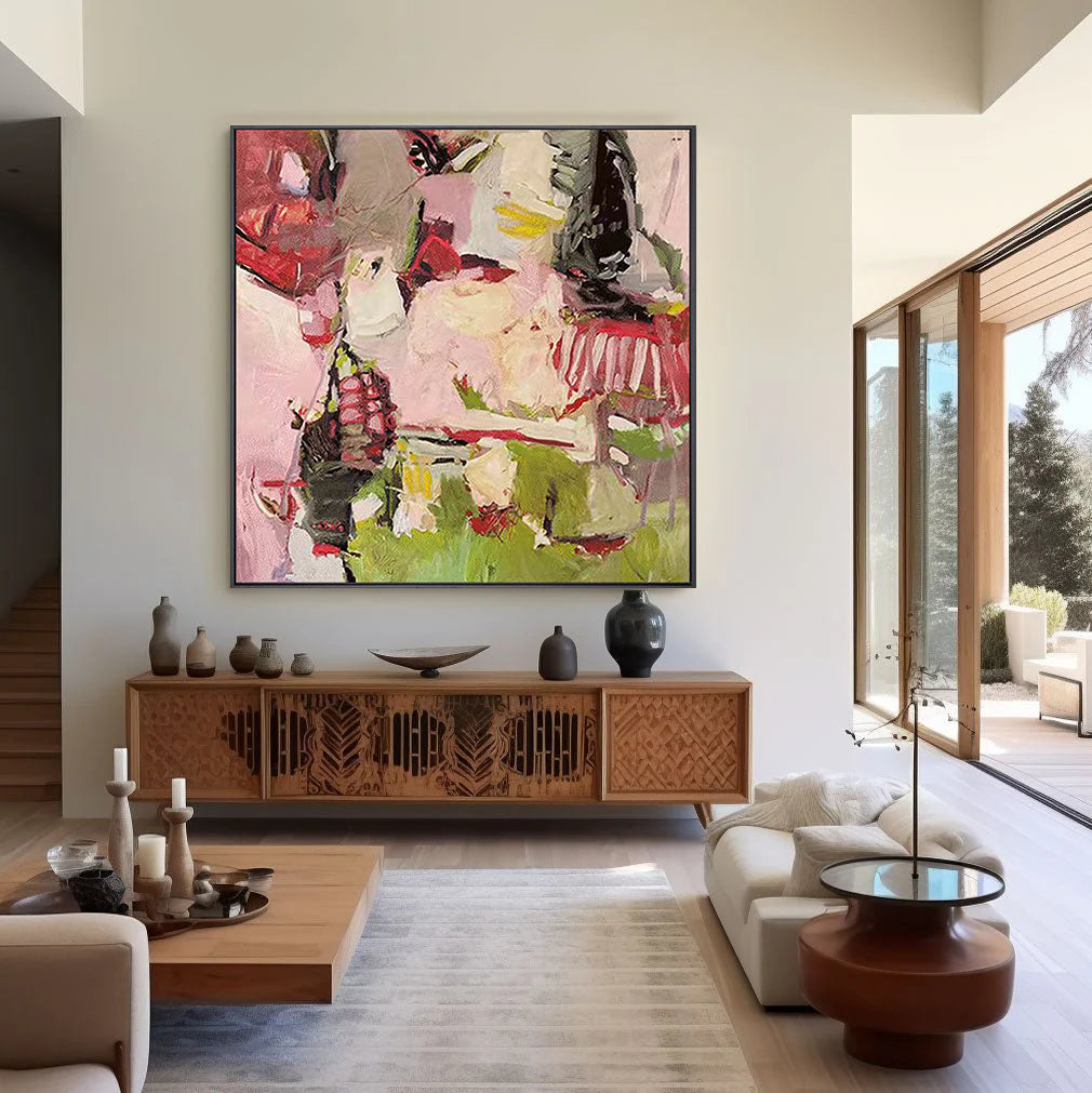 Midsummer Concerto – Modern Expressionist Pink & Green Abstract Painting | Mid-Century Vintage Hallway Art