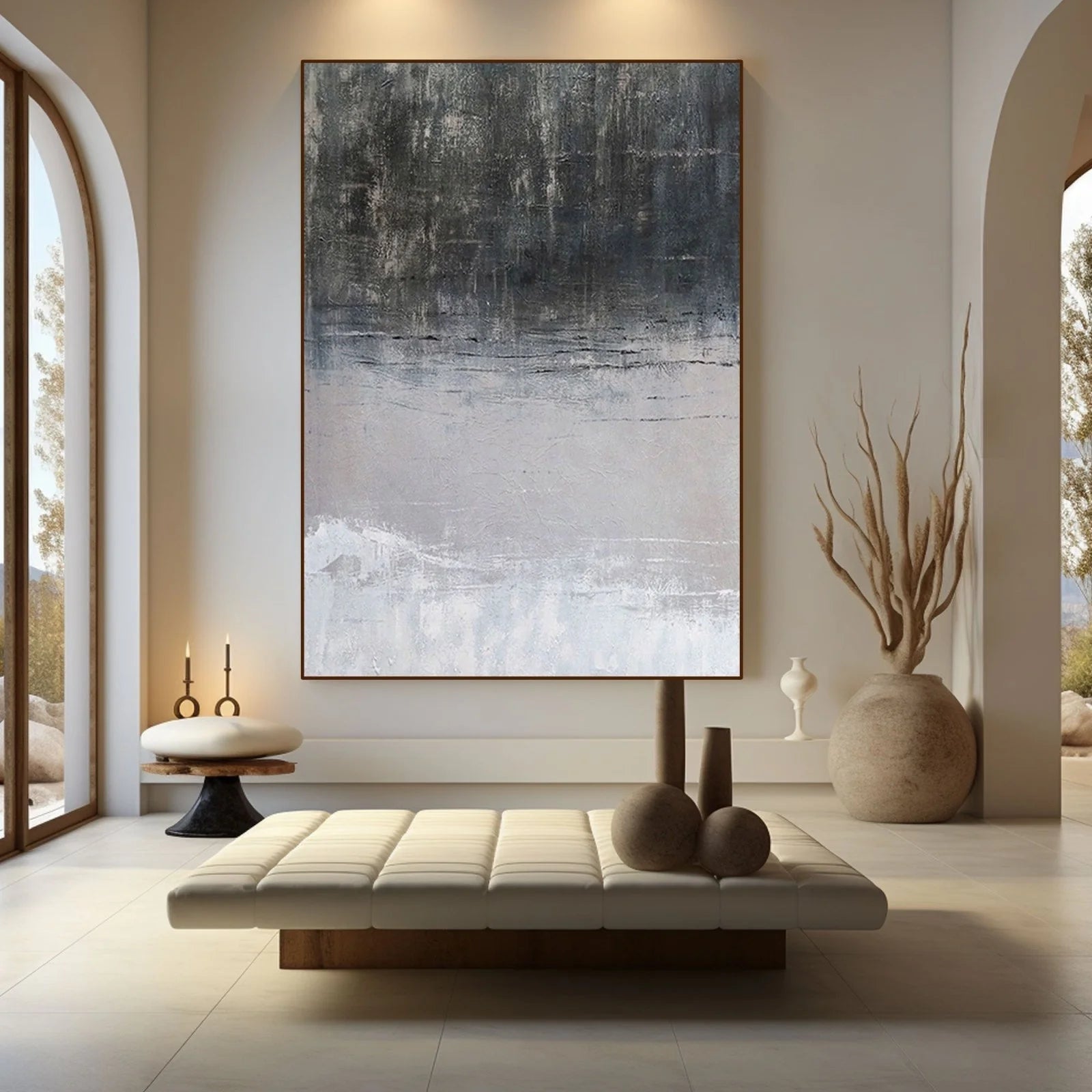 Grey Echo – Minimalist Textured Monochromatic Canvas Wabi-Sabi Painting | Japandi Wabi-Sabi Living Room & Bedroom Art