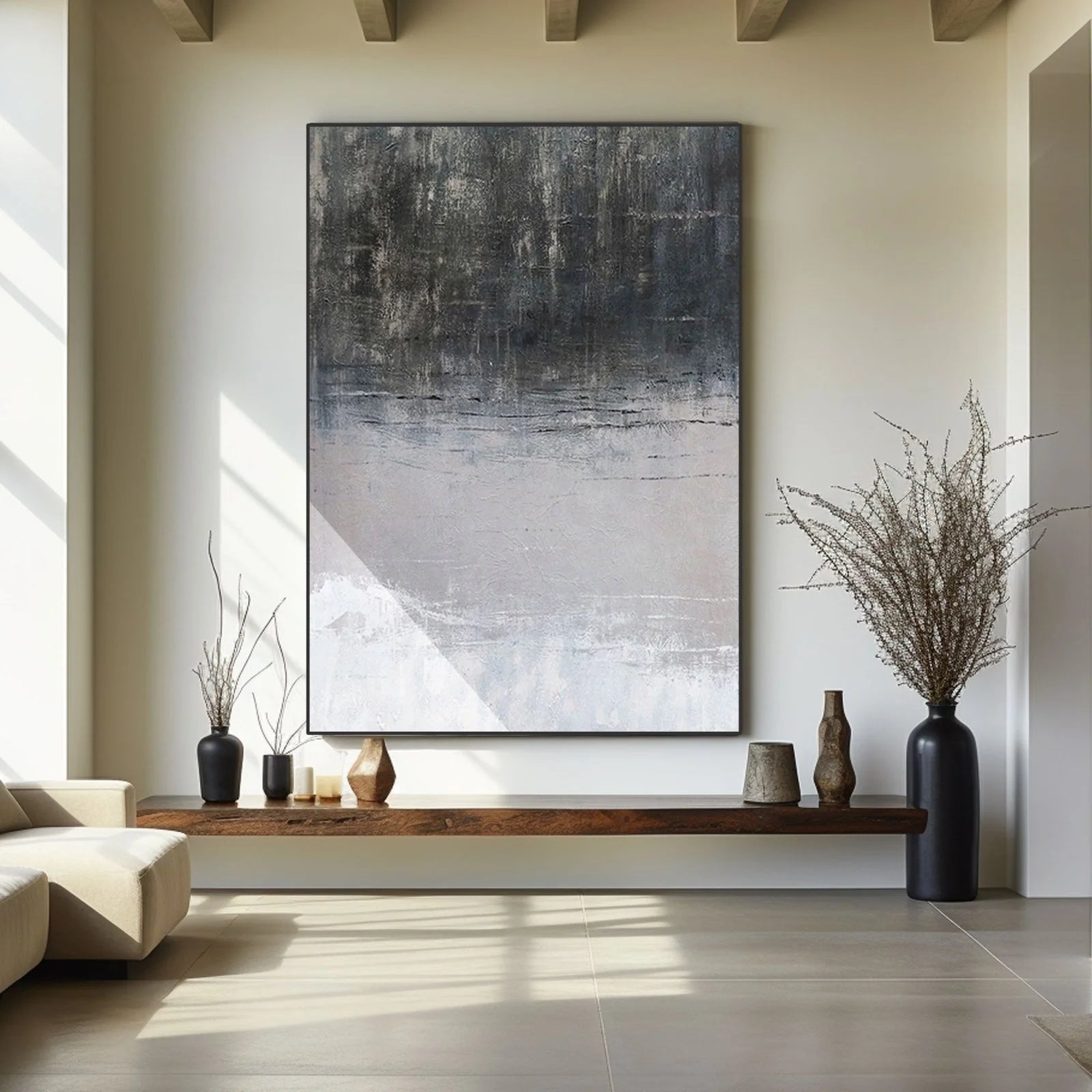 Grey Echo – Minimalist Textured Monochromatic Canvas Wabi-Sabi Painting | Japandi Wabi-Sabi Living Room & Bedroom Art