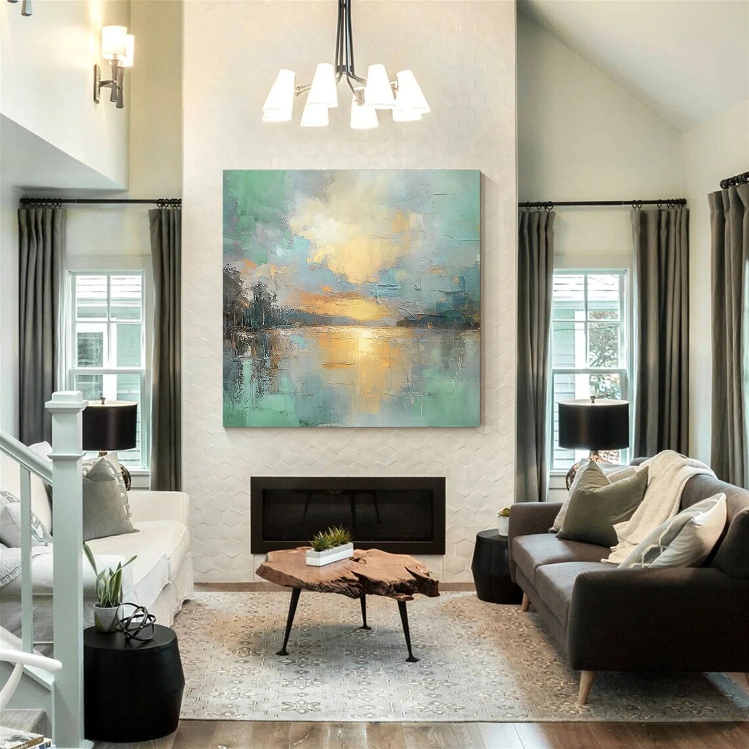 Golden Serenity – Modern Impressionist Landscape Painting | Creative Sunset Lake Hallway Art