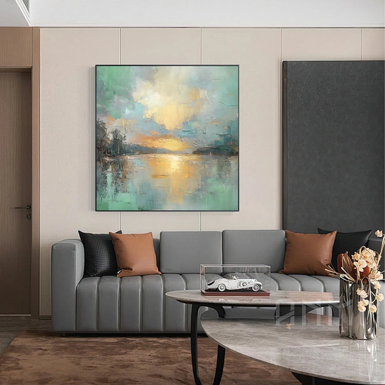 Golden Serenity – Modern Impressionist Landscape Painting | Creative Sunset Lake Hallway Art